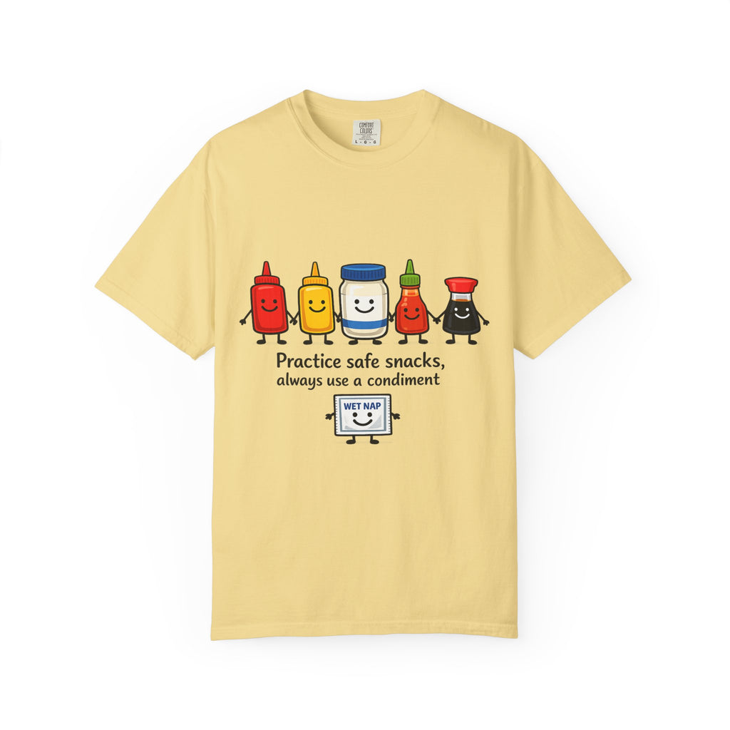 Condom Cartoon T-Shirt — "Practice Safe Snacks" Funny Safe Sex Graphic Tee