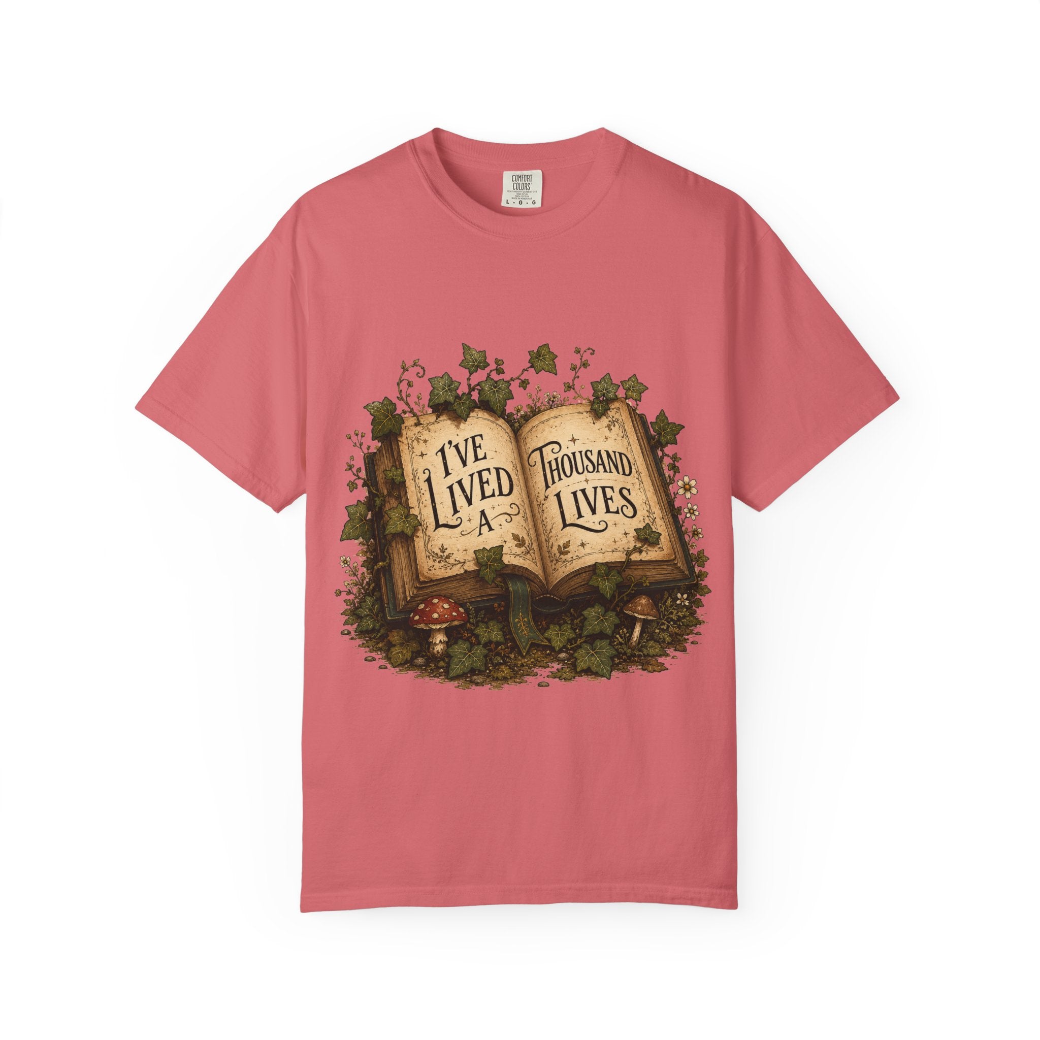 Book Lover T-Shirt — "I've Lived A Thousand Lives" Vintage Open Book Design