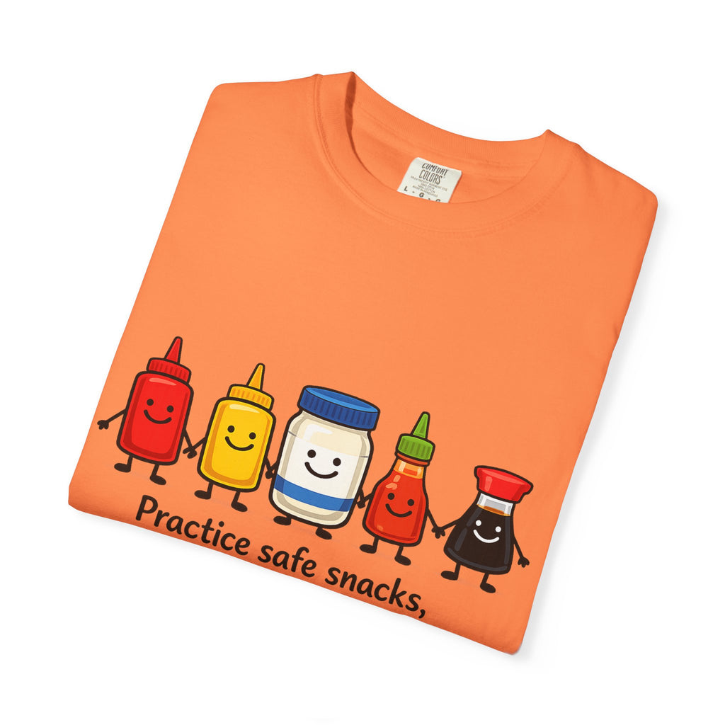 Condom Cartoon T-Shirt — "Practice Safe Snacks" Funny Safe Sex Graphic Tee