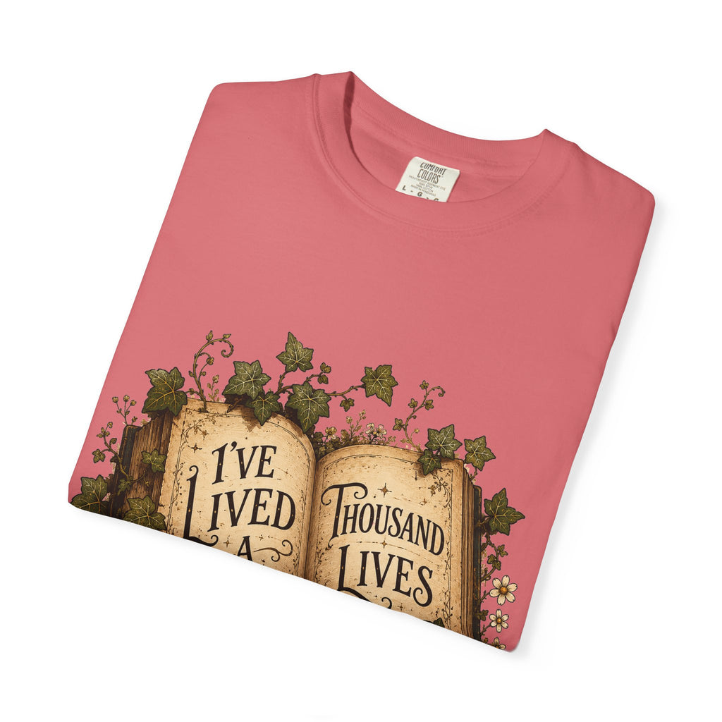 Book Lover T-Shirt — "I've Lived A Thousand Lives" Vintage Open Book Design