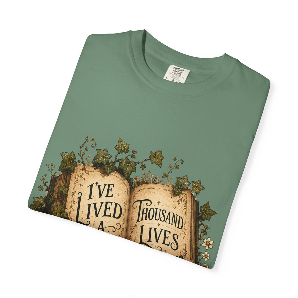 Book Lover T-Shirt — "I've Lived A Thousand Lives" Vintage Open Book Design