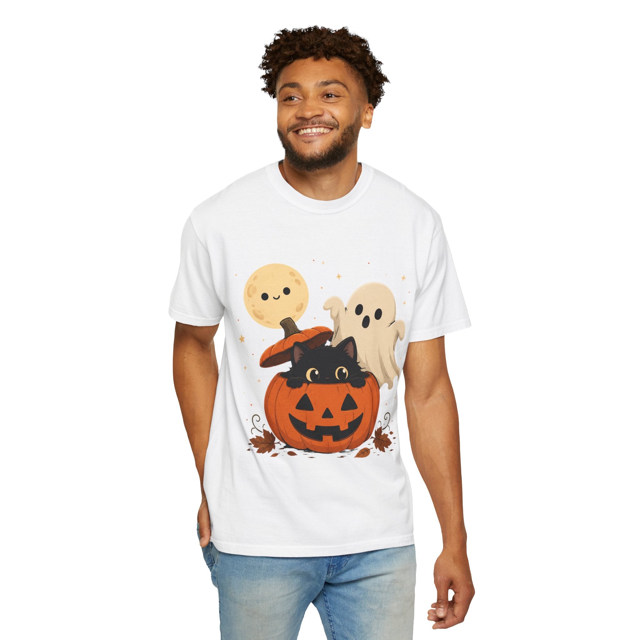 Halloween Cute Pumpkin Cat Tee — Kawaii Ghosts & Moon Graphic T-Shirt