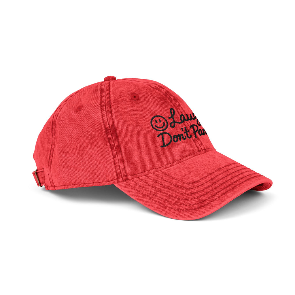 Vintage Embroidered Cap — "Laugh, Don’t Panic" Red Distressed Hat