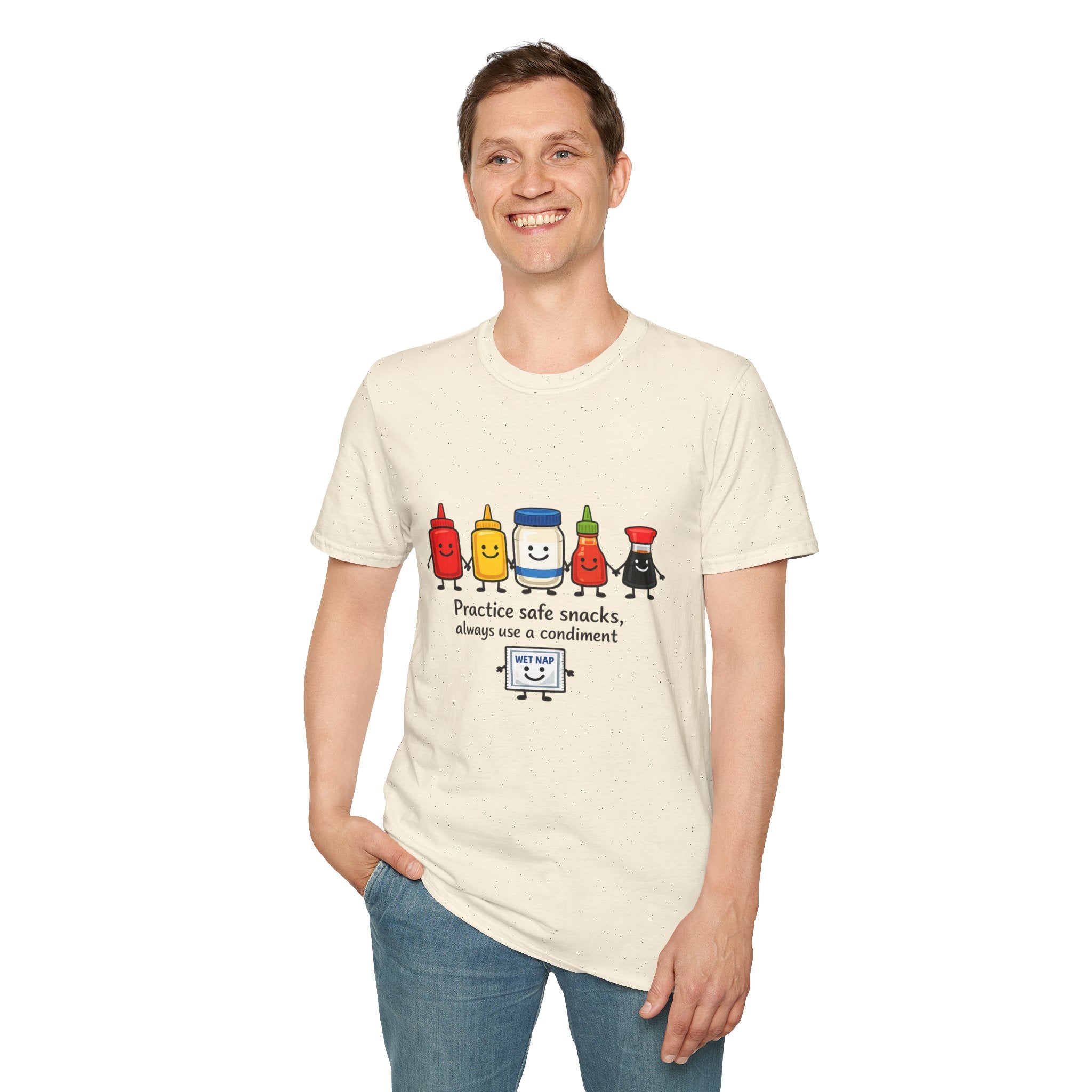 Practice Safe Snacks condiment characters T-Shirt | Ketchup Mustard Peanut Butter Jelly