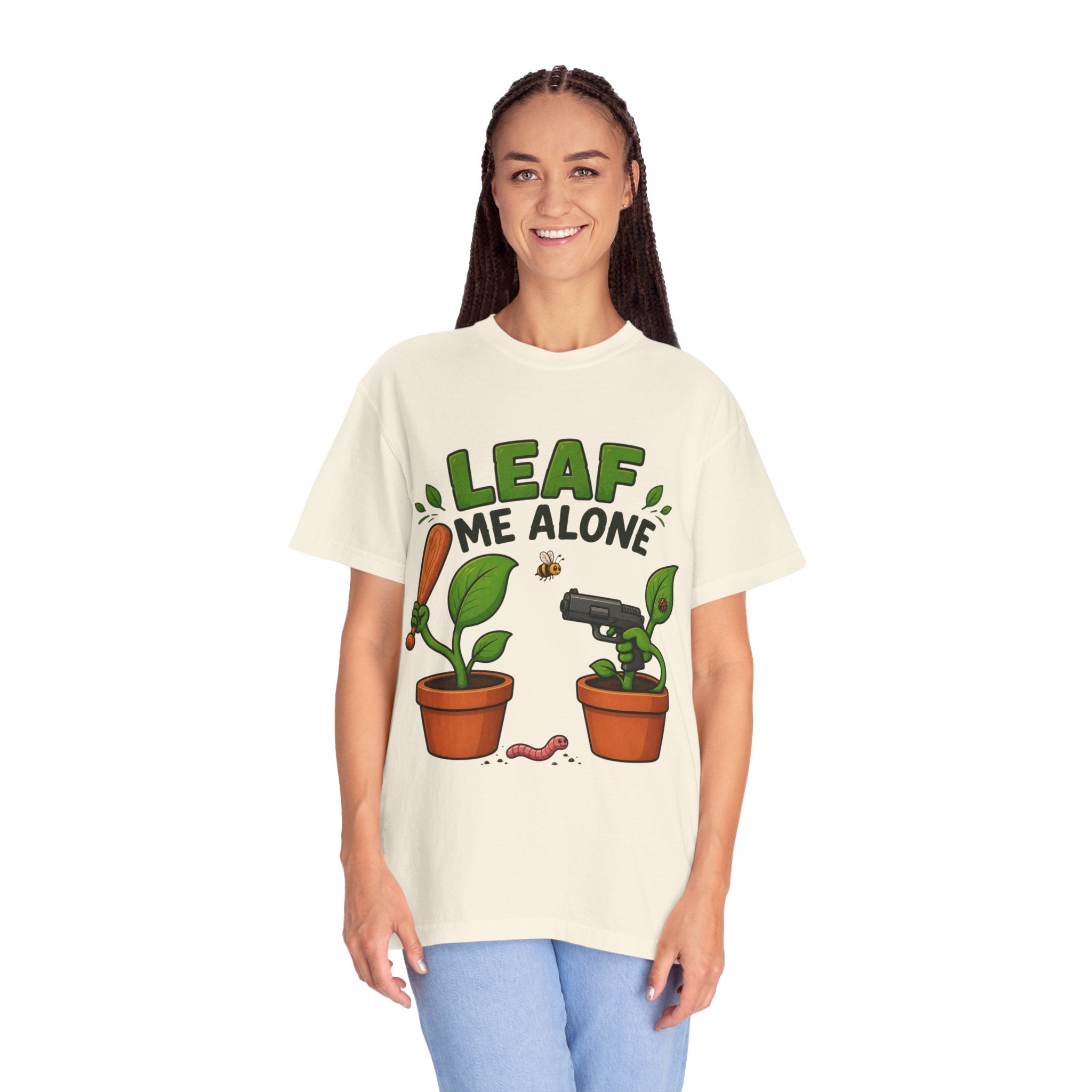 Leaf Me Alone T-Shirt — Funny Plant Pun Tee with Cute Potted Plants