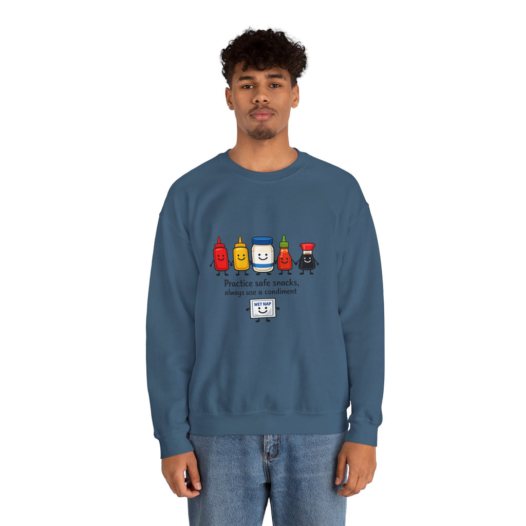 Condiment Cartoon 'Practice Safe Snacks' Sweatshirt | Ketchup Mustard Mayo Funny Food Design