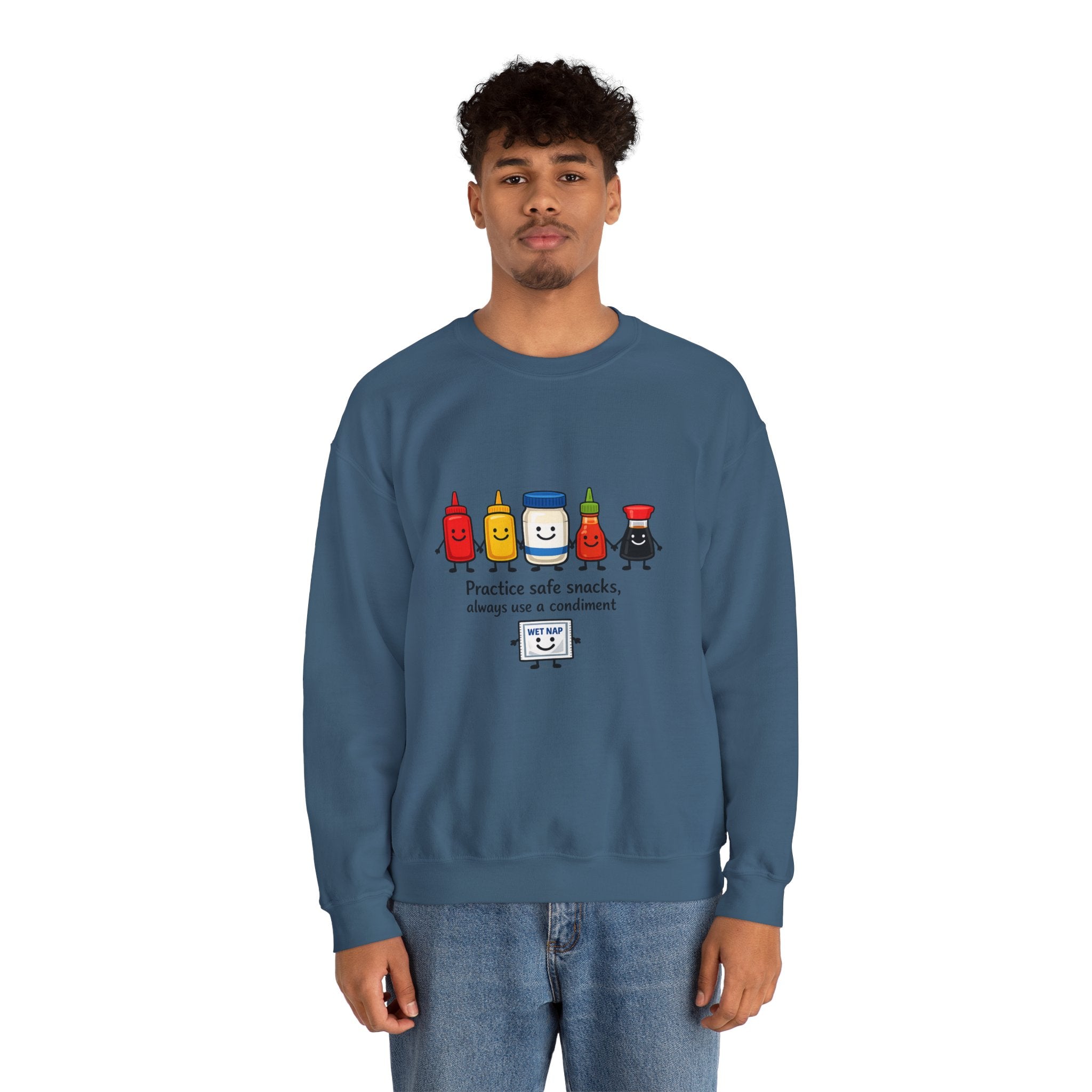 Condiment Cartoon 'Practice Safe Snacks' Sweatshirt | Ketchup Mustard Mayo Funny Food Design