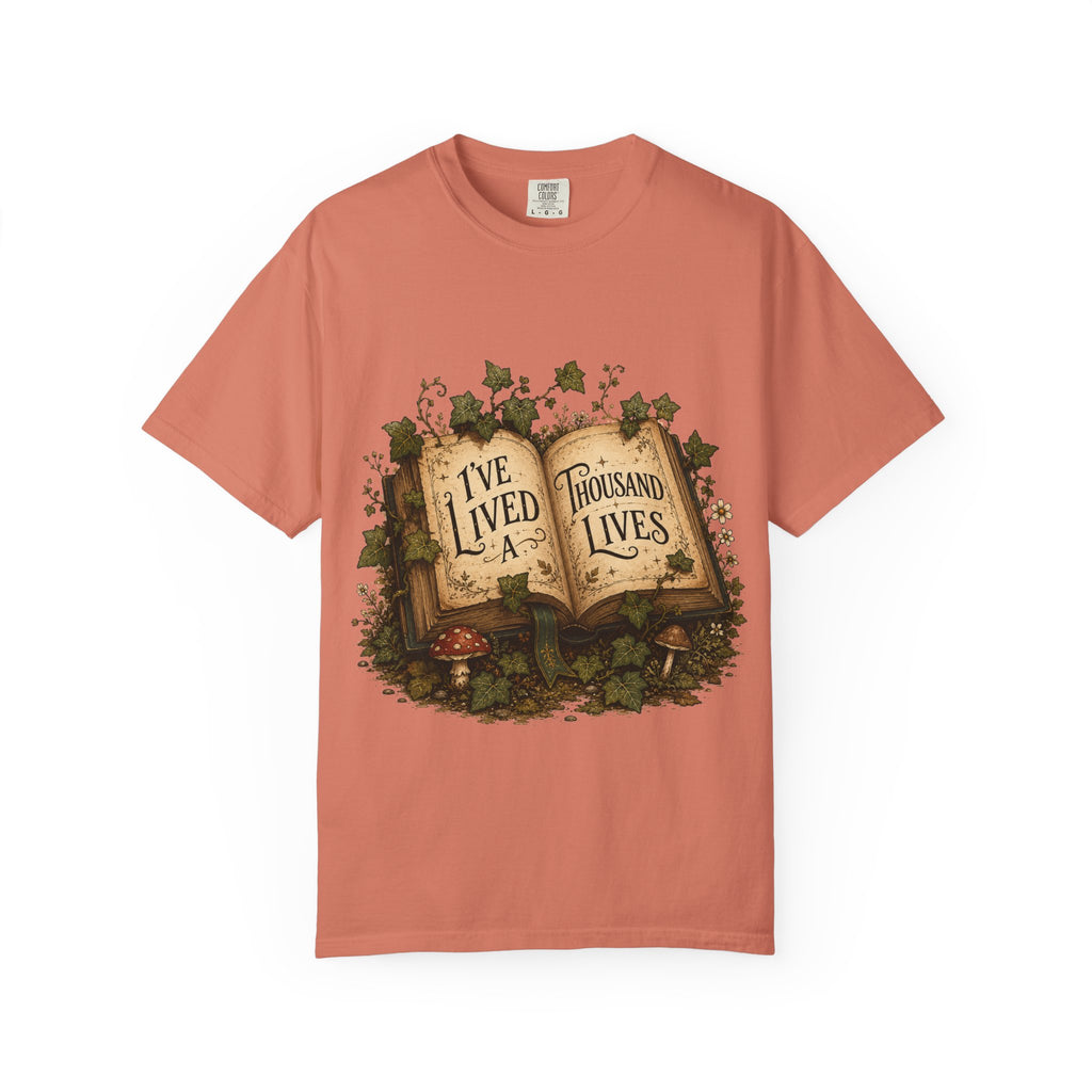 Book Lover T-Shirt — "I've Lived A Thousand Lives" Vintage Open Book Design