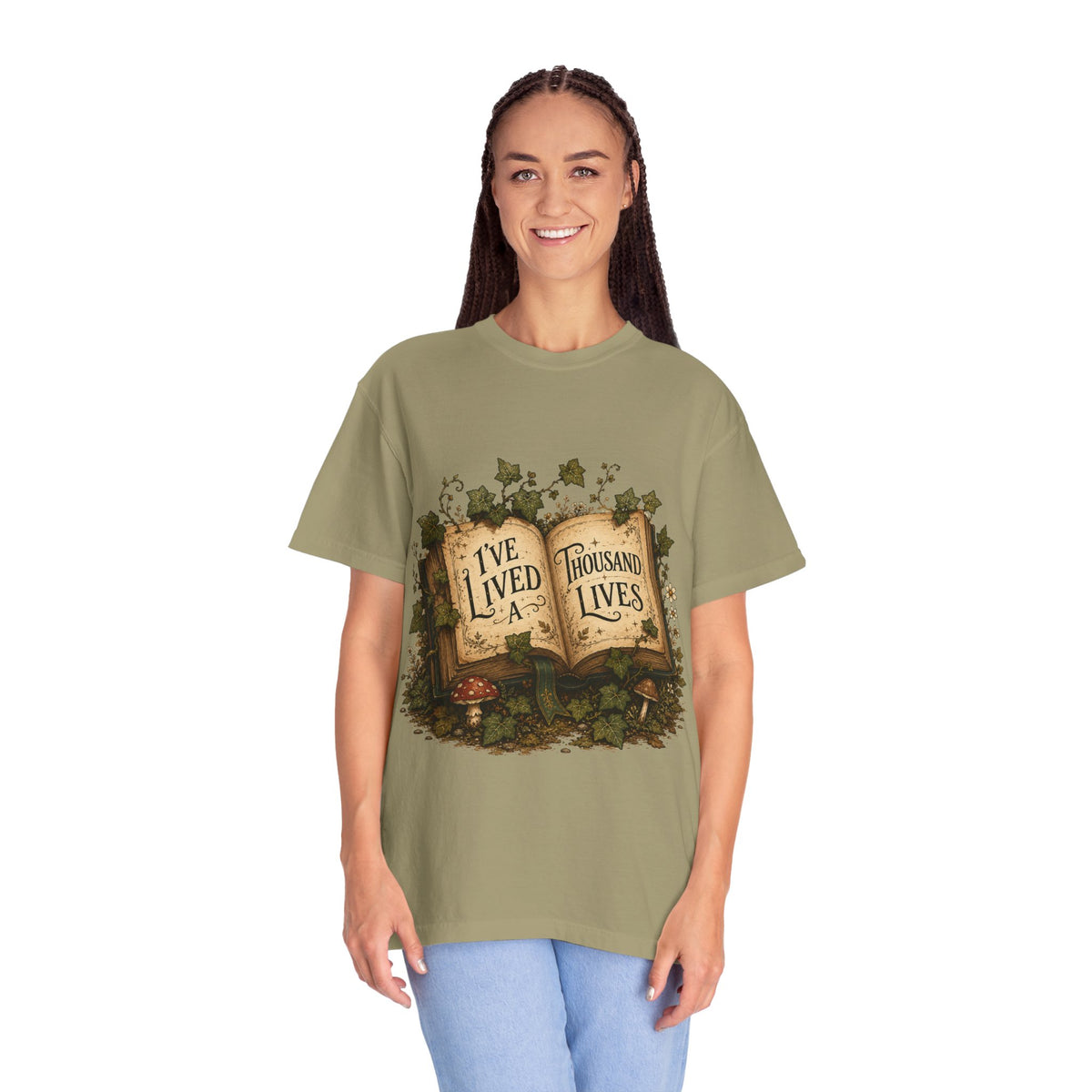 Book Lover T-Shirt — "I've Lived A Thousand Lives" Vintage Open Book Design