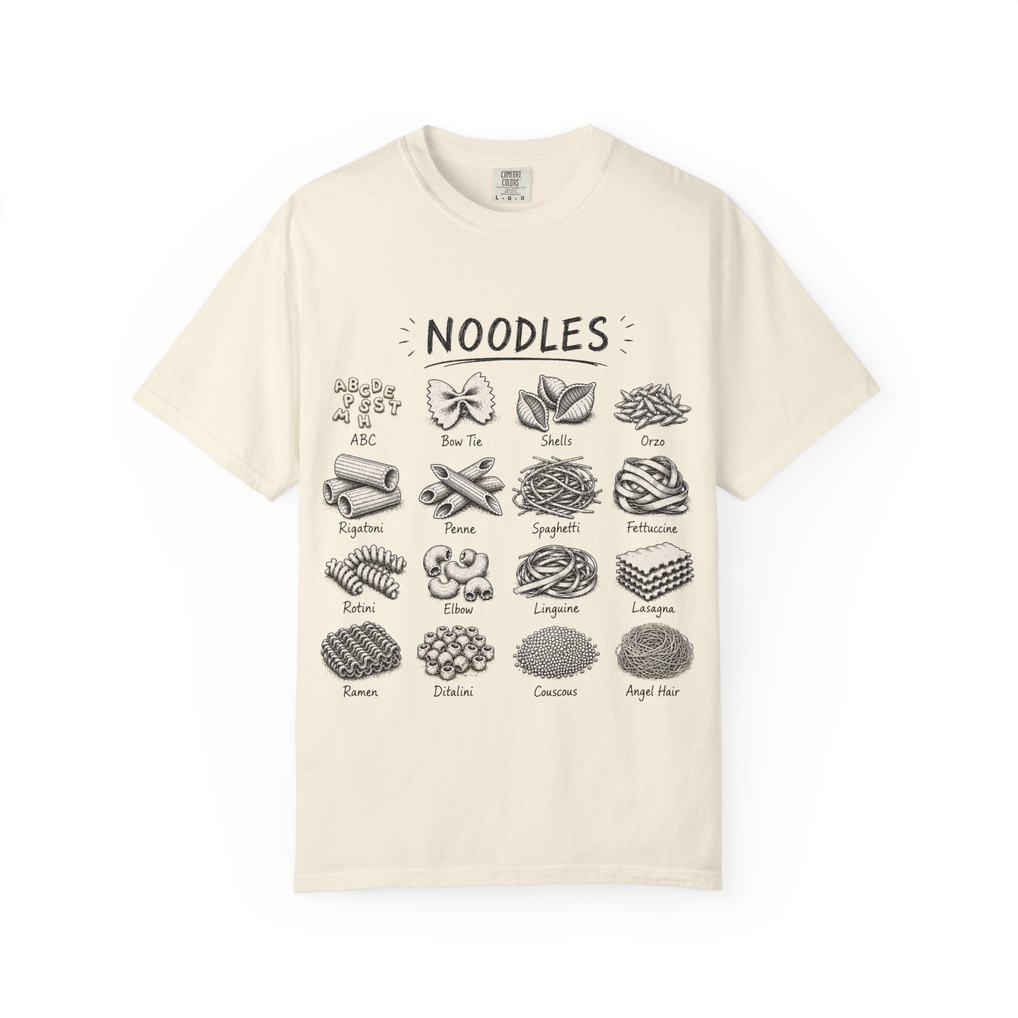 Noodles Chart T-Shirt — Illustrated Pasta Types Tee