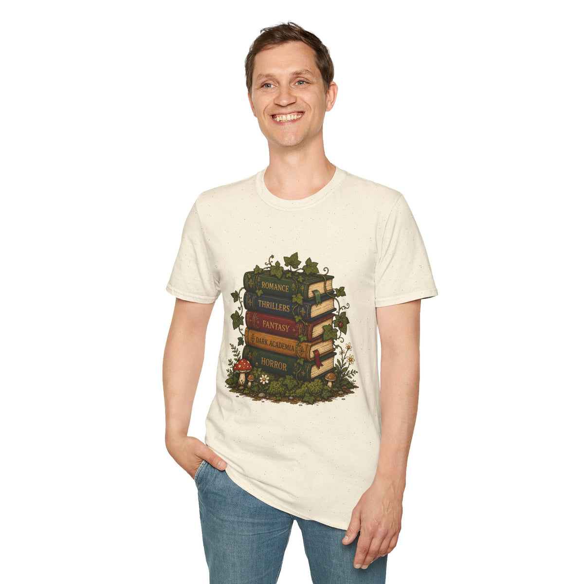 Book Lover T-Shirt — Vintage Stacked Books Design (Romance, Thrillers, Fantasy)