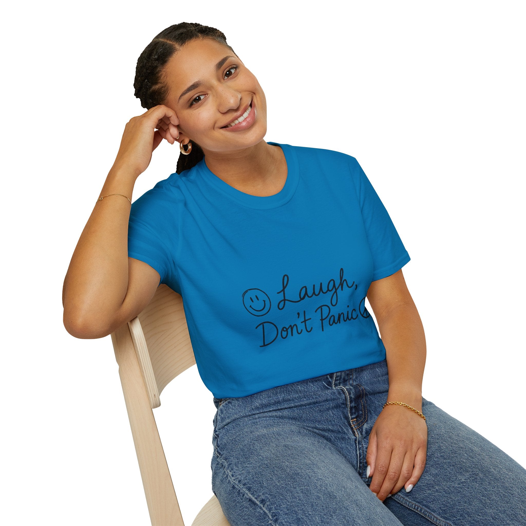 Laugh Don't Panic T-Shirt | Smiley Peace Sign Typography