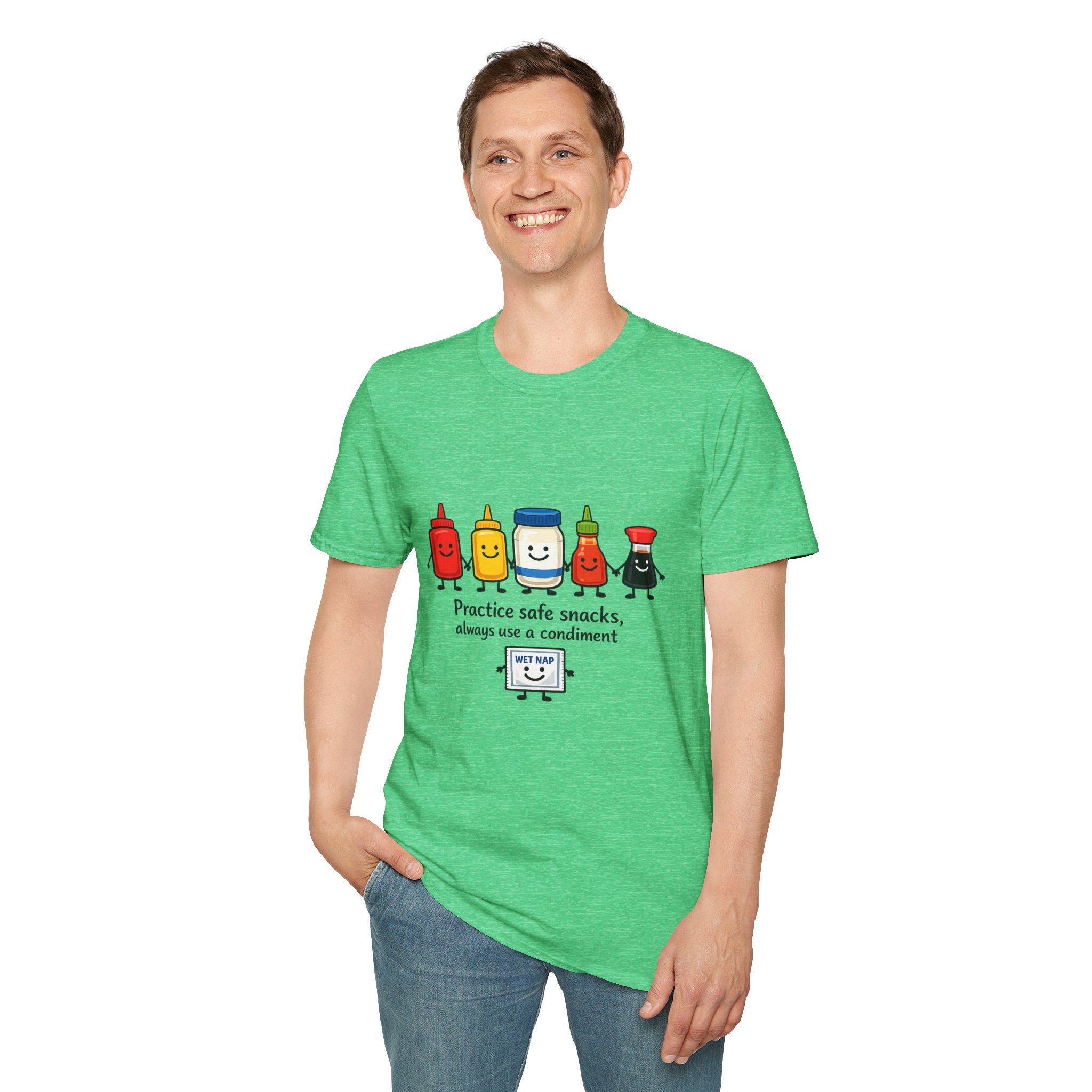 Practice Safe Snacks condiment characters T-Shirt | Ketchup Mustard Peanut Butter Jelly
