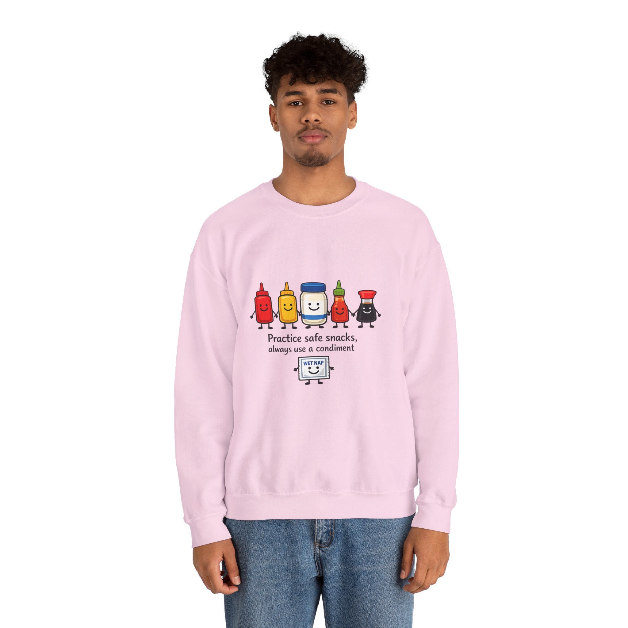 Condiment Cartoon 'Practice Safe Snacks' Sweatshirt | Ketchup Mustard Mayo Funny Food Design