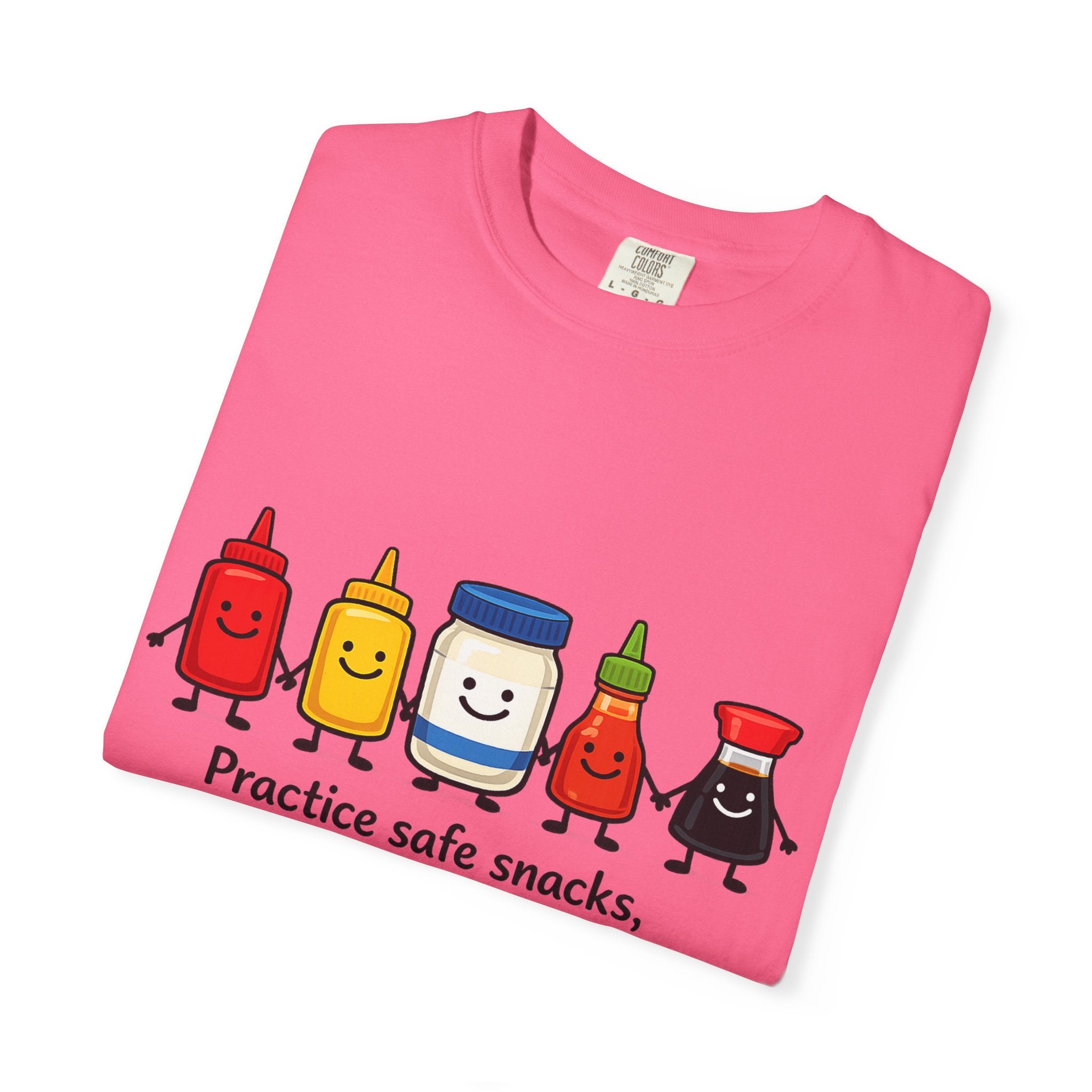 Condom Cartoon T-Shirt — "Practice Safe Snacks" Funny Safe Sex Graphic Tee