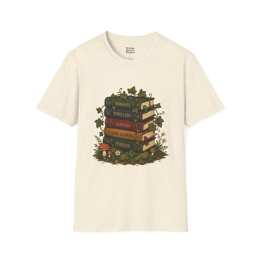 Book Lover T-Shirt — Vintage Stacked Books Design (Romance, Thrillers, Fantasy)