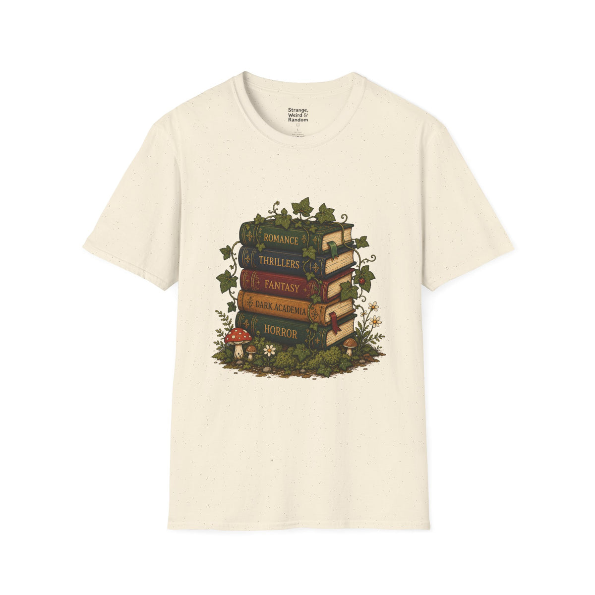 Book Lover T-Shirt — Vintage Stacked Books Design (Romance, Thrillers, Fantasy)