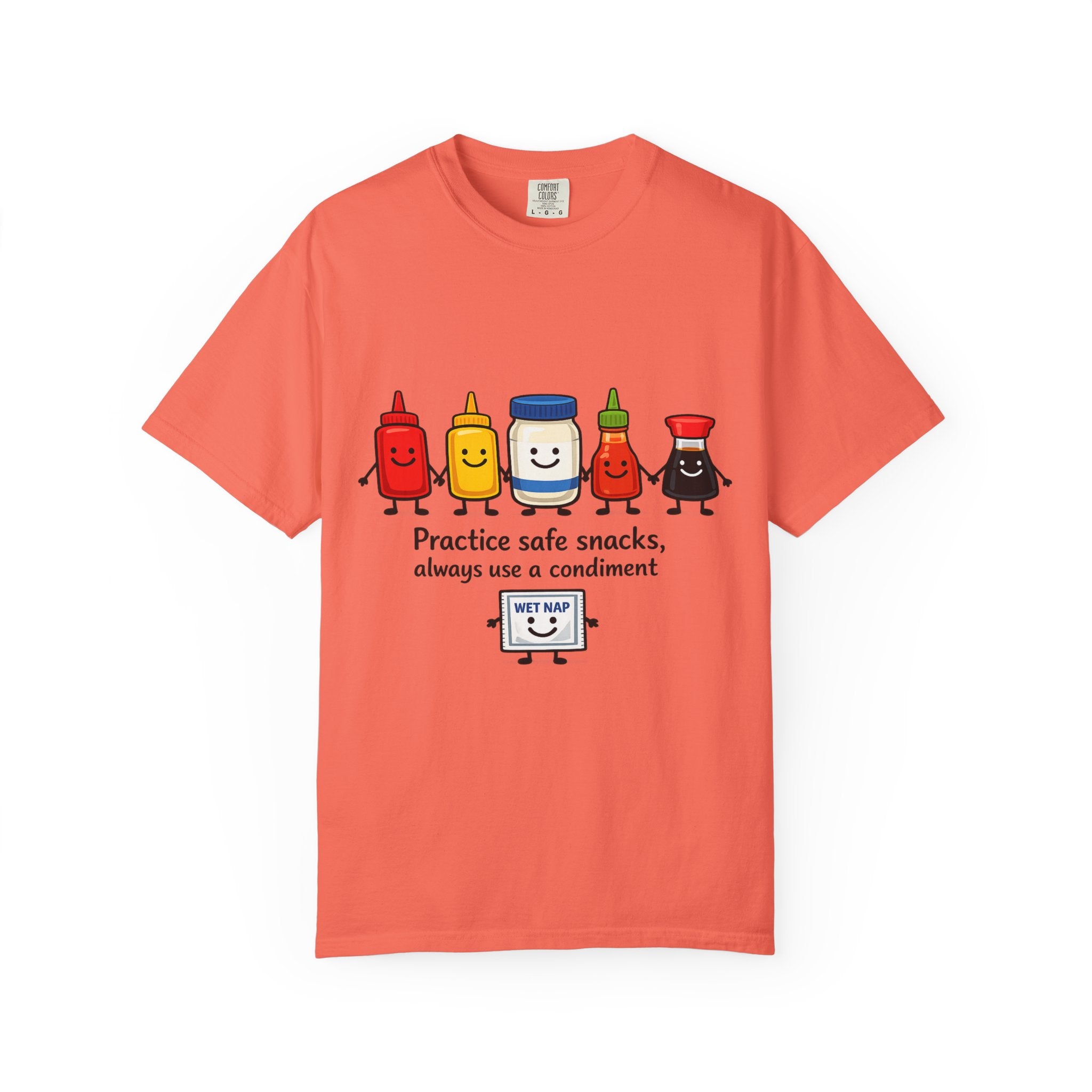 Condom Cartoon T-Shirt — "Practice Safe Snacks" Funny Safe Sex Graphic Tee