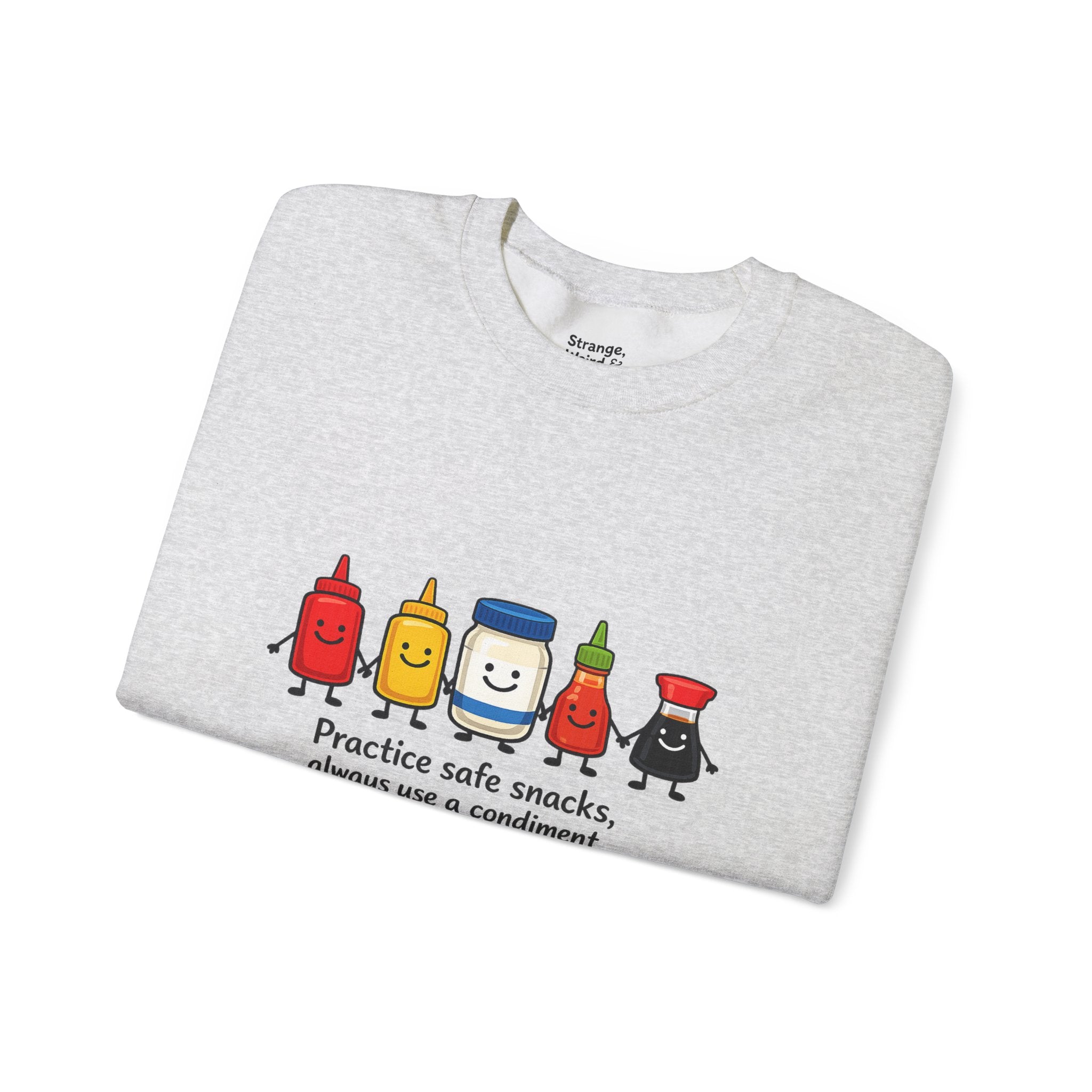 Condiment Cartoon 'Practice Safe Snacks' Sweatshirt | Ketchup Mustard Mayo Funny Food Design