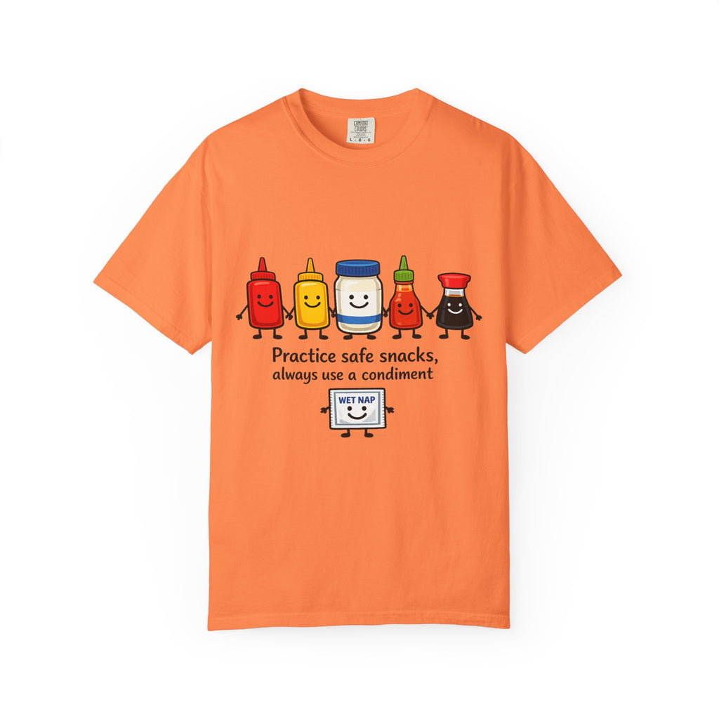 Condom Cartoon T-Shirt — "Practice Safe Snacks" Funny Safe Sex Graphic Tee