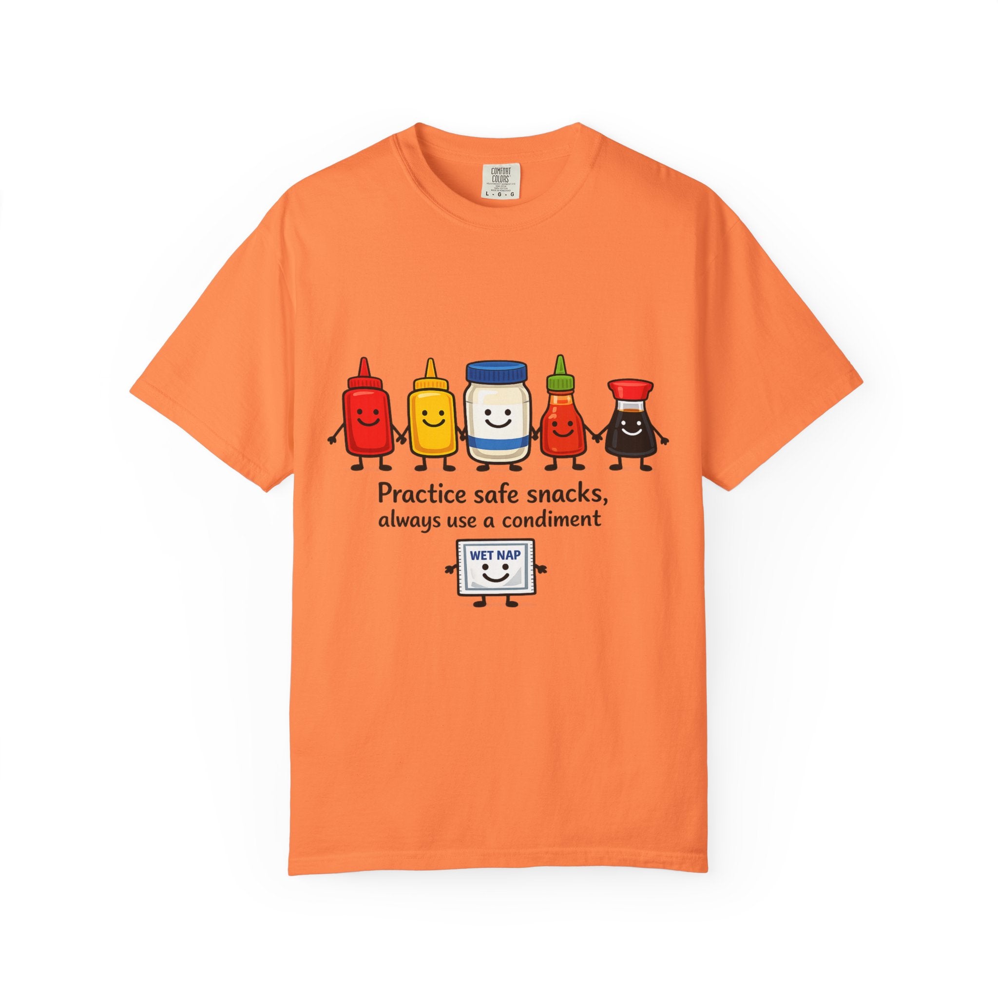 Condom Cartoon T-Shirt — "Practice Safe Snacks" Funny Safe Sex Graphic Tee