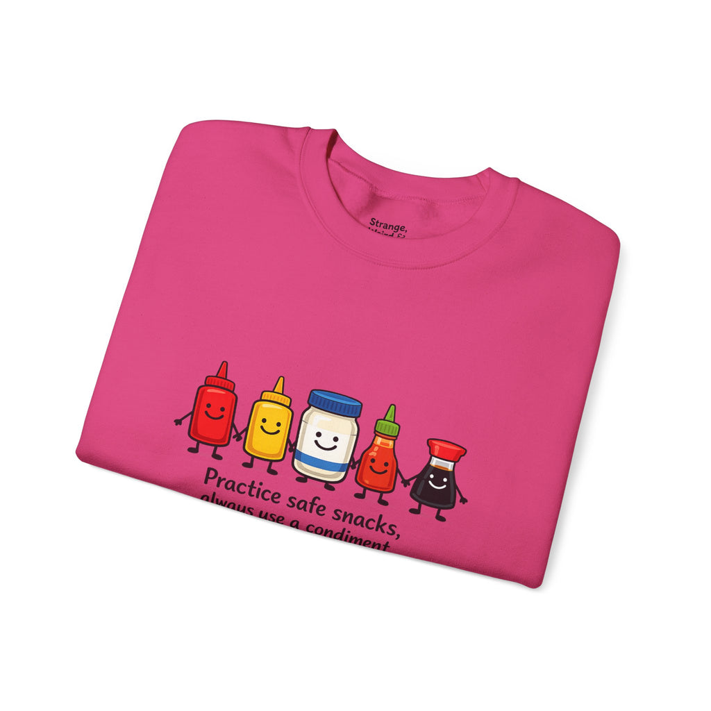 Condiment Cartoon 'Practice Safe Snacks' Sweatshirt | Ketchup Mustard Mayo Funny Food Design