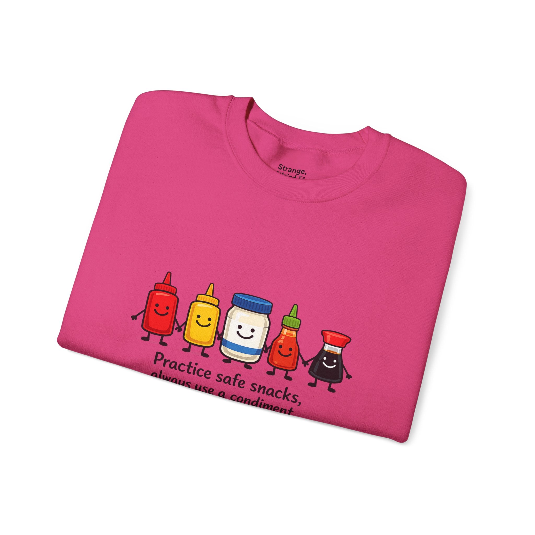 Condiment Cartoon 'Practice Safe Snacks' Sweatshirt | Ketchup Mustard Mayo Funny Food Design