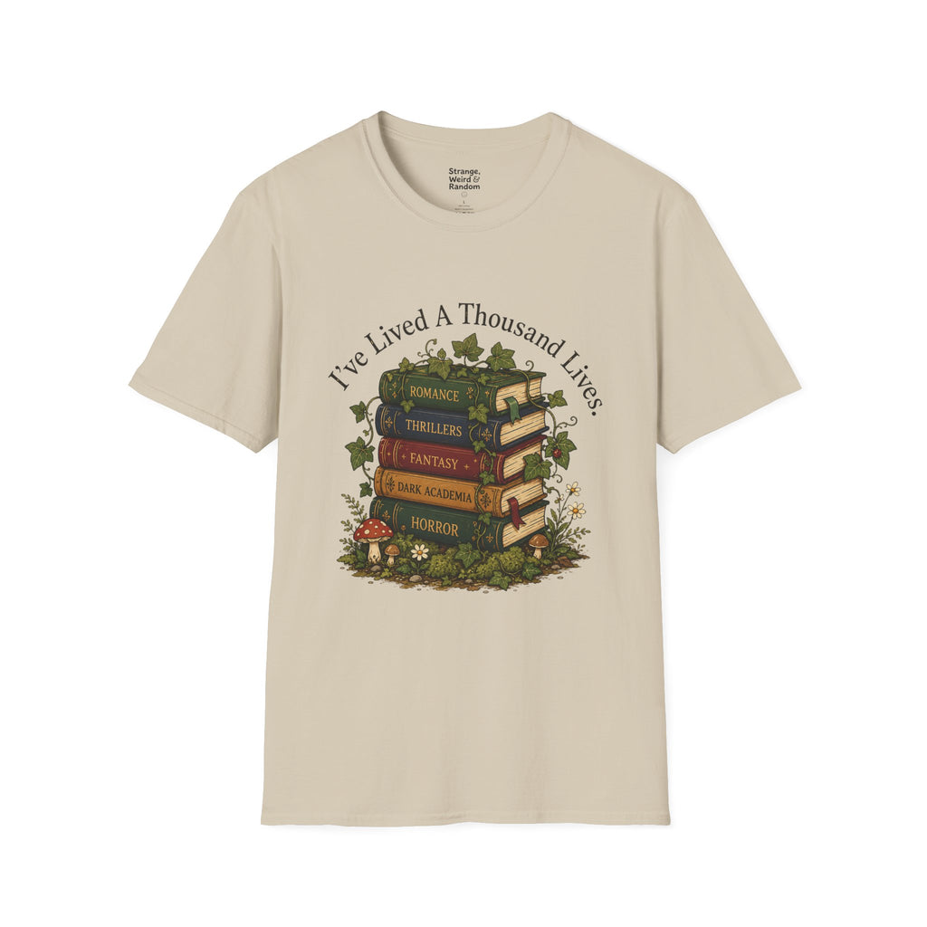Book Lover T-Shirt — "I've Lived A Thousand Lives" Vintage Stack of Books Design