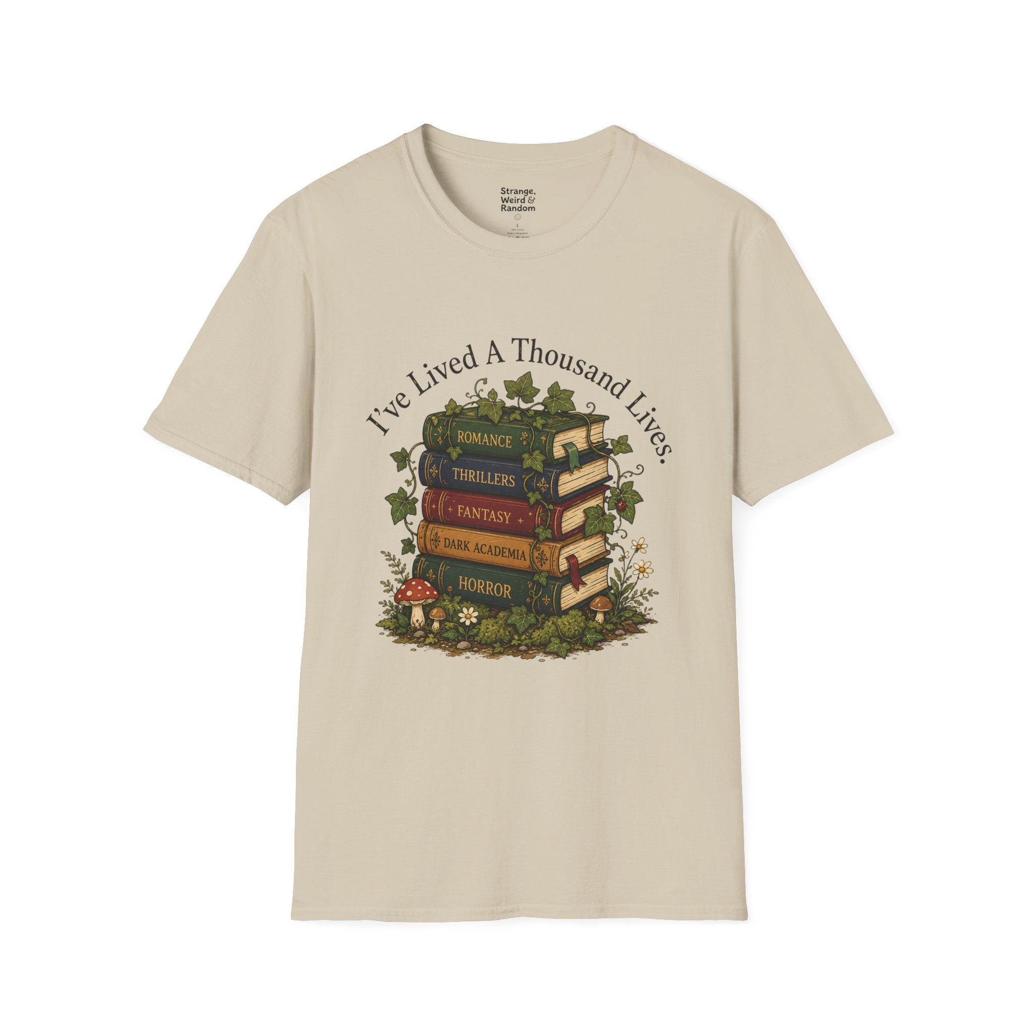 Book Lover T-Shirt — "I've Lived A Thousand Lives" Vintage Stack of Books Design