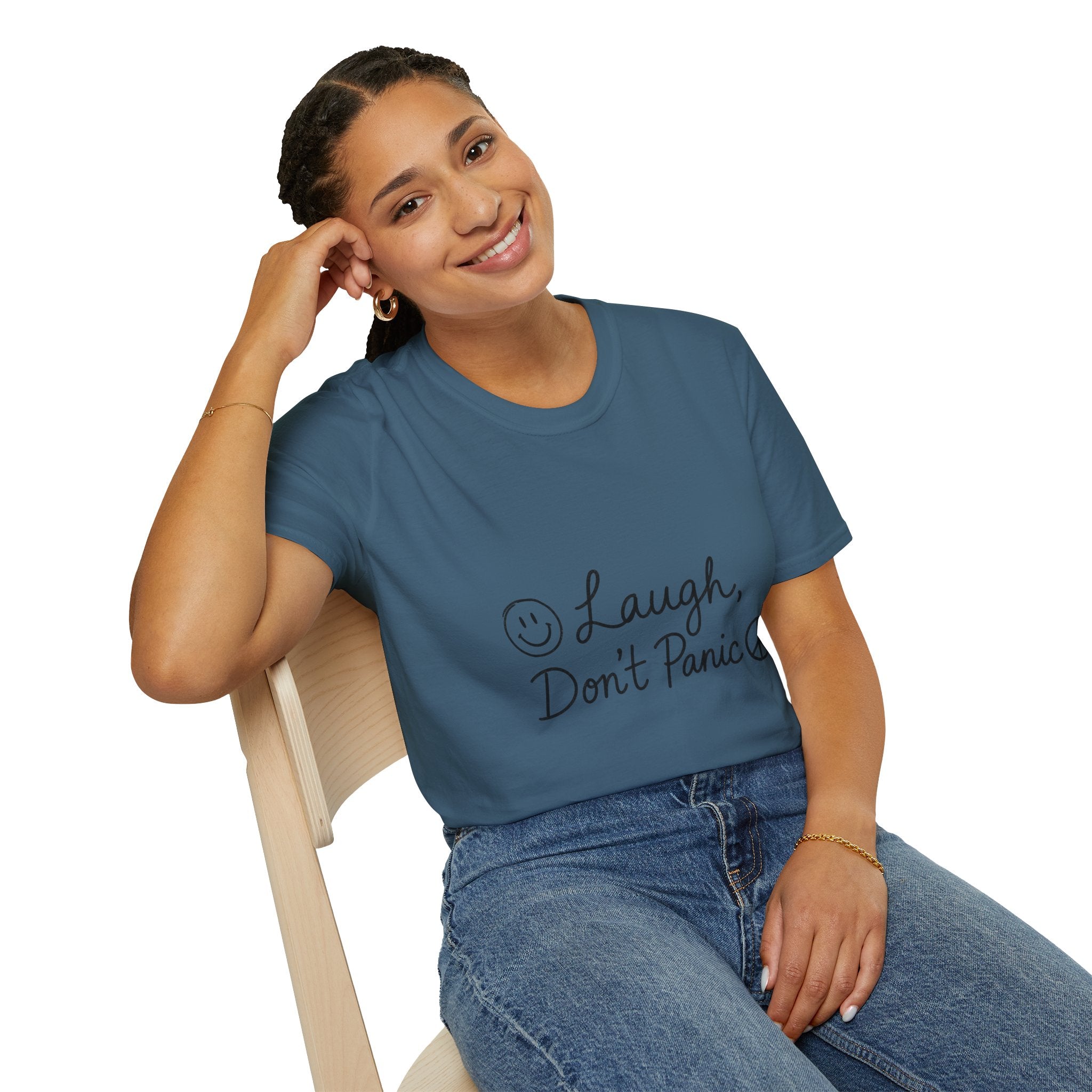 Laugh Don't Panic T-Shirt | Smiley Peace Sign Typography