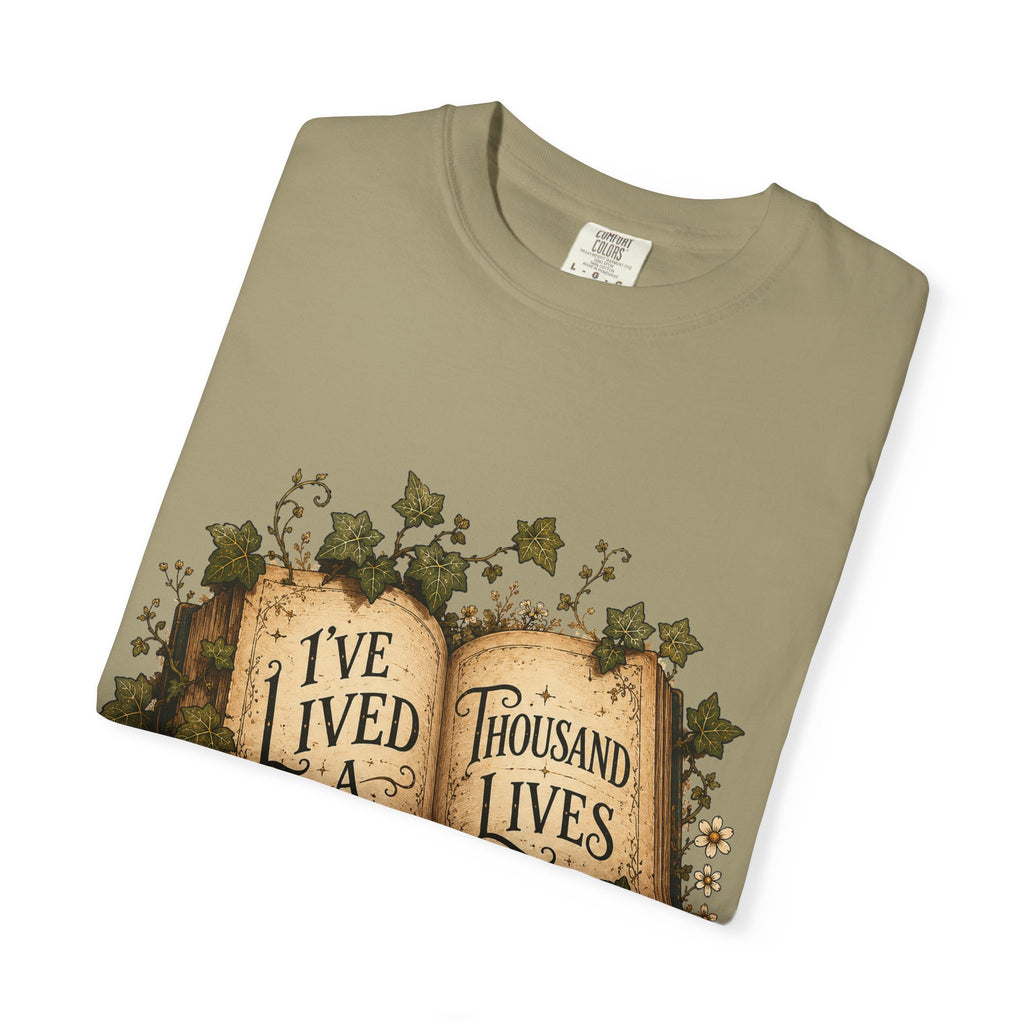 Book Lover T-Shirt — "I've Lived A Thousand Lives" Vintage Open Book Design