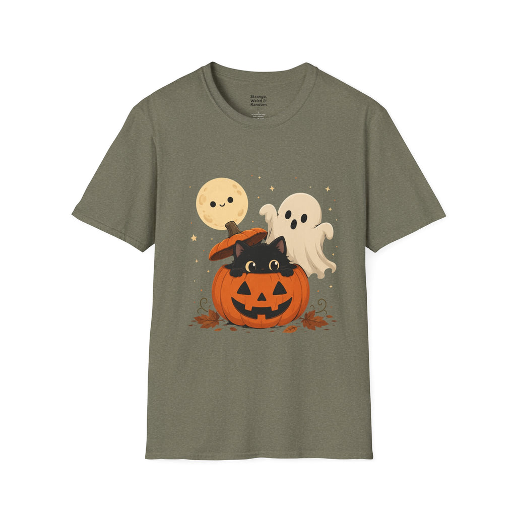 Cute Halloween Pumpkin Tee — Ghost, Moon & Black Cat Graphic T-Shirt