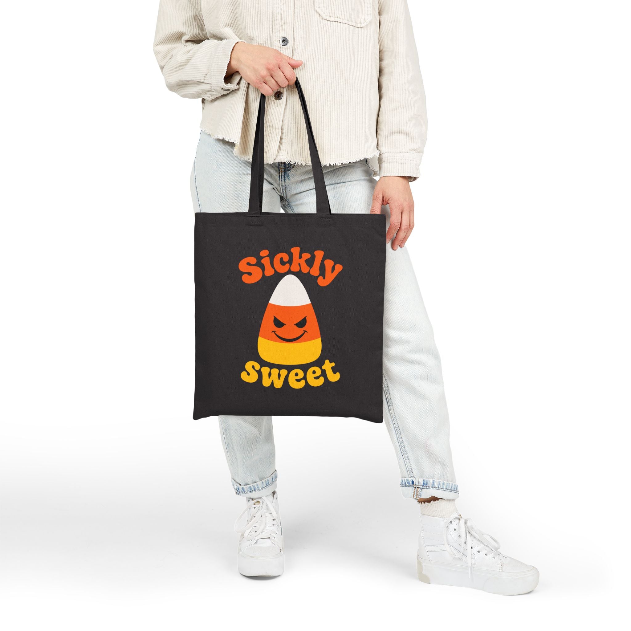 Reusable Double Sided Trick-or-Treat Bag Sickly Sweet Candy Corn Tote Bag — Halloween Candy Graphic Cotton Canvas