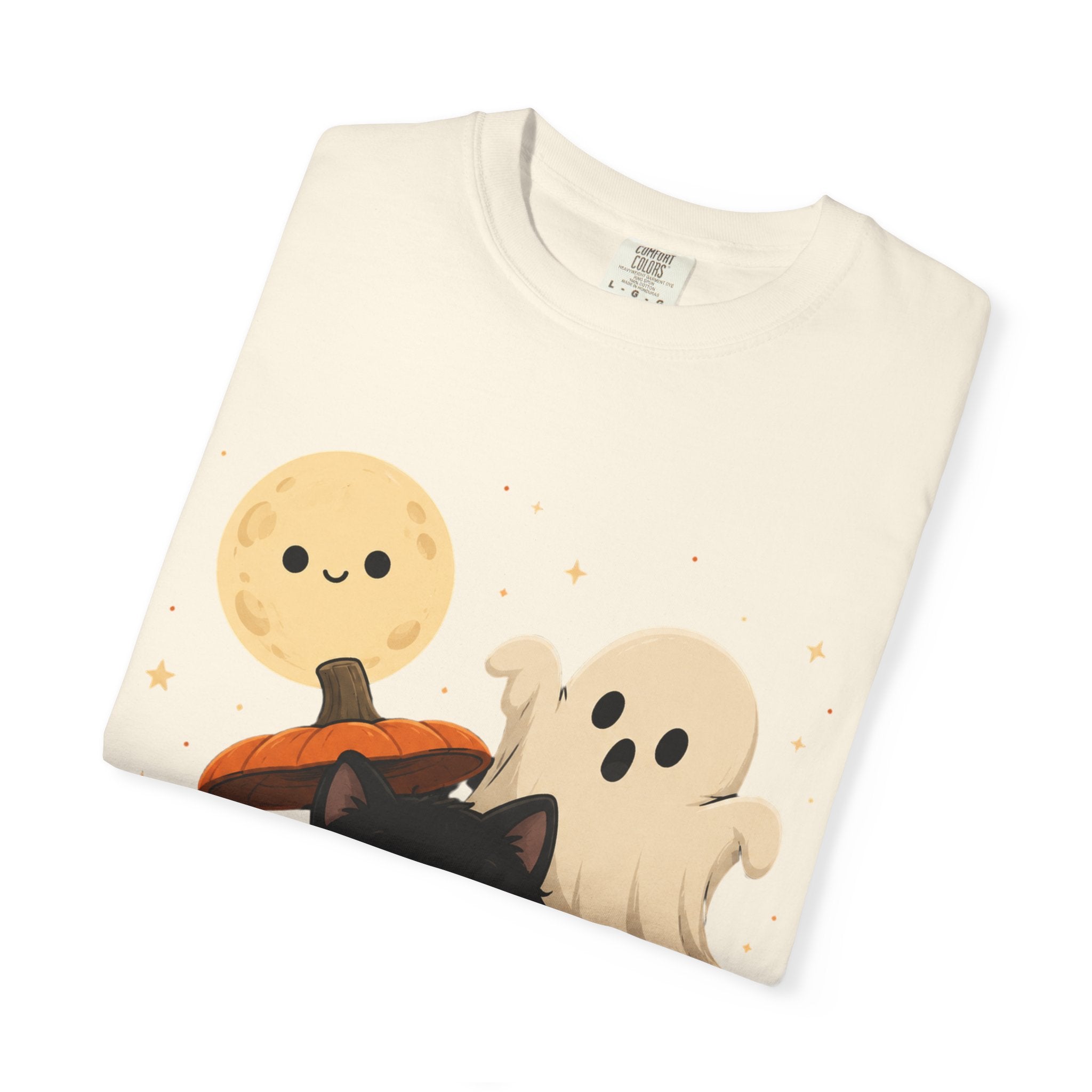 Halloween Cute Pumpkin Cat Tee — Kawaii Ghosts & Moon Graphic T-Shirt