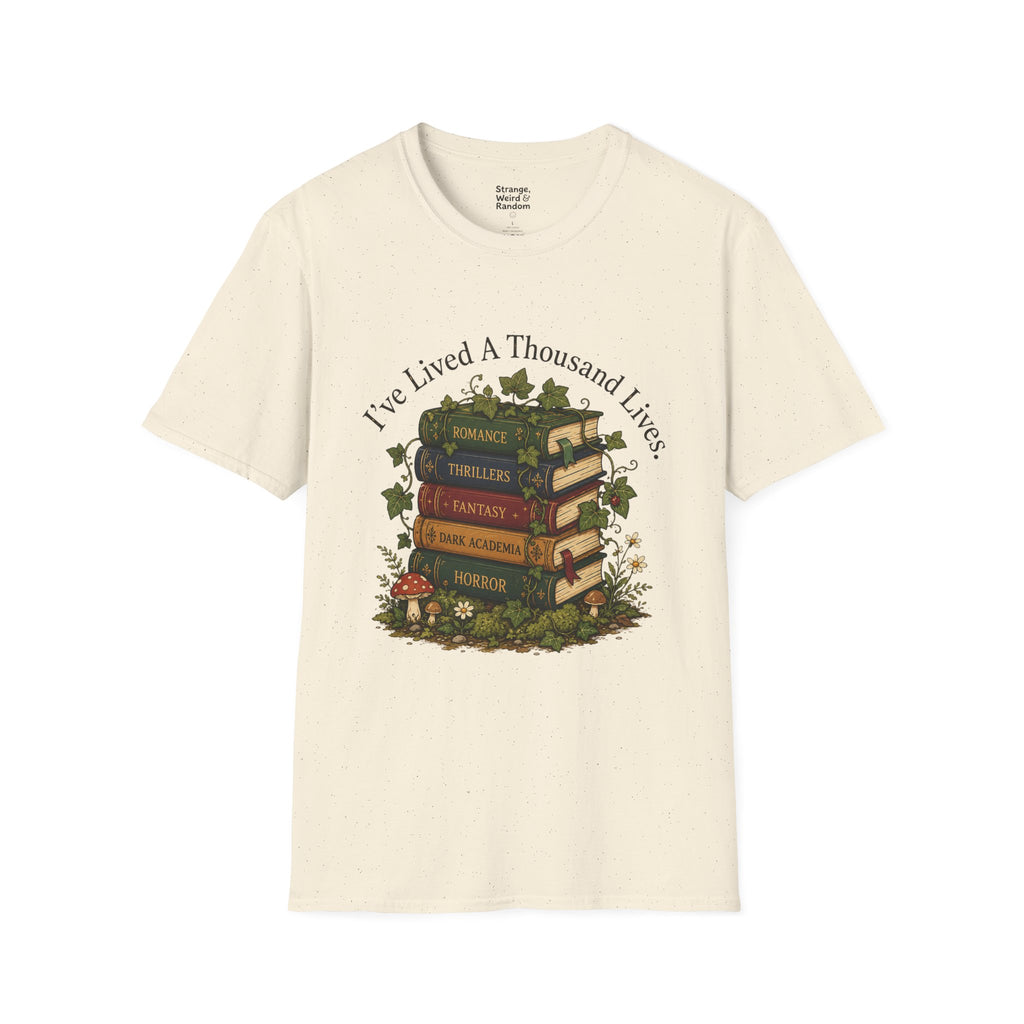 Book Lover T-Shirt — "I've Lived A Thousand Lives" Vintage Stack of Books Design
