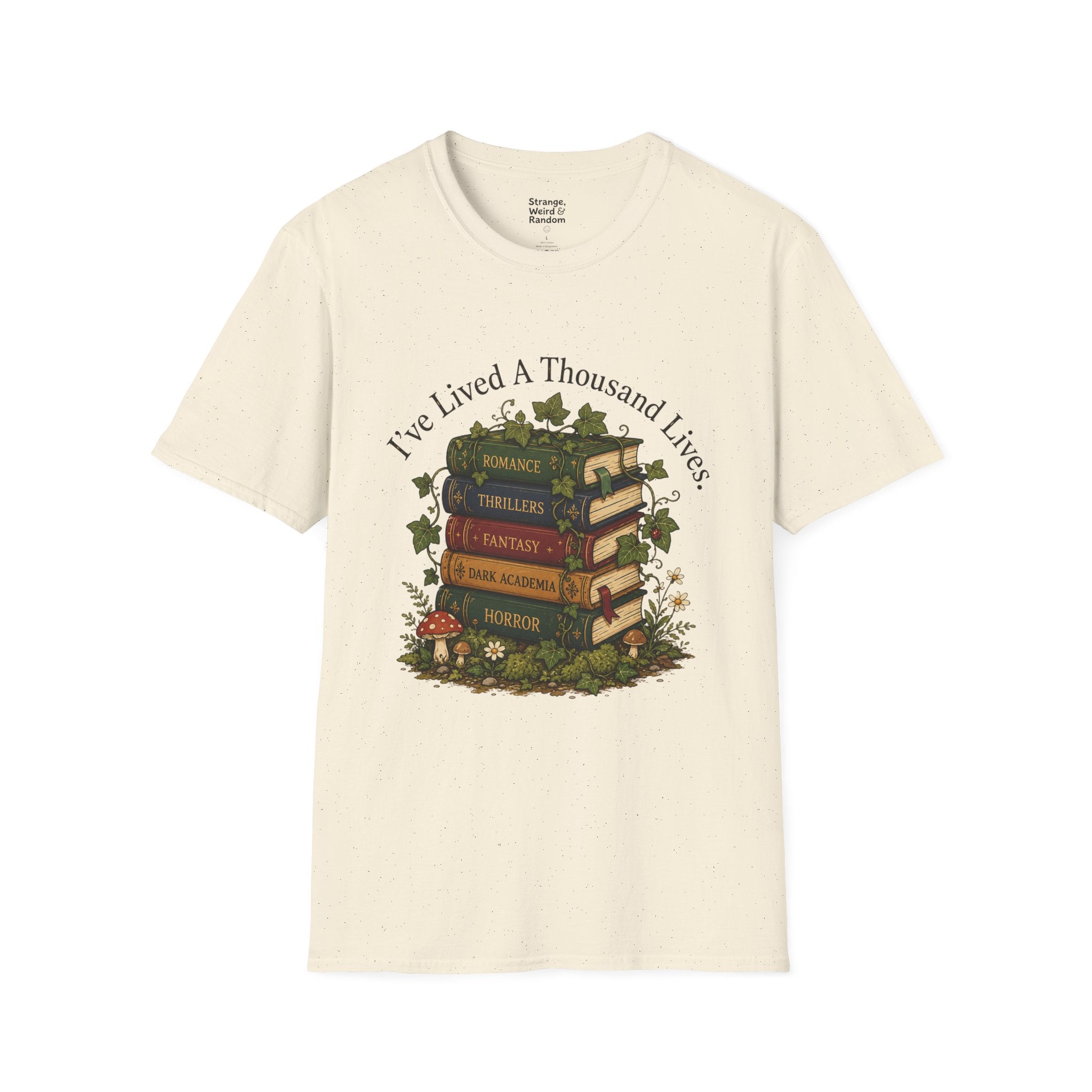 Book Lover T-Shirt — "I've Lived A Thousand Lives" Vintage Stack of Books Design