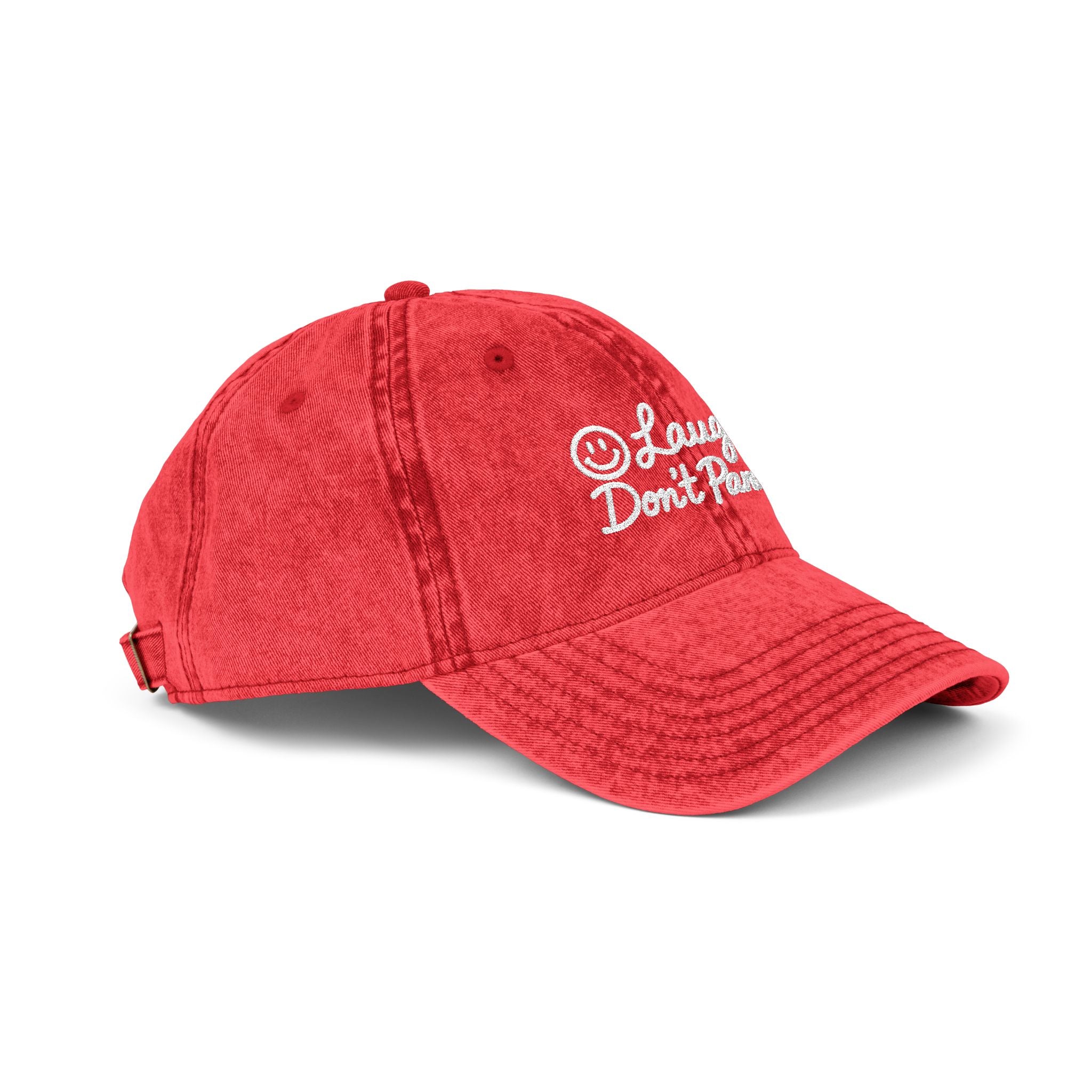 Vintage Red Embroidered Cap – “Laugh Don’t Panic” Smiley Dad Hat