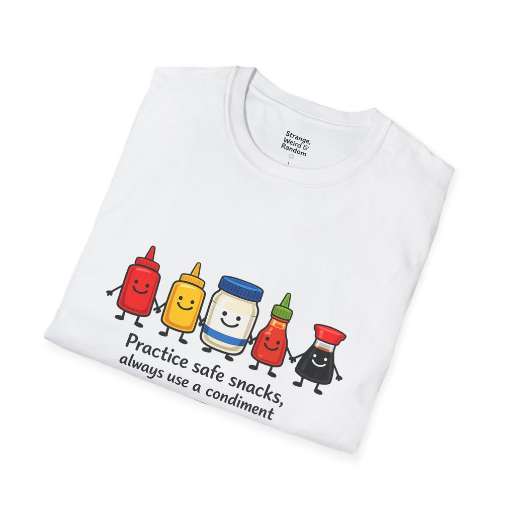 Practice Safe Snacks condiment characters T-Shirt | Ketchup Mustard Peanut Butter Jelly