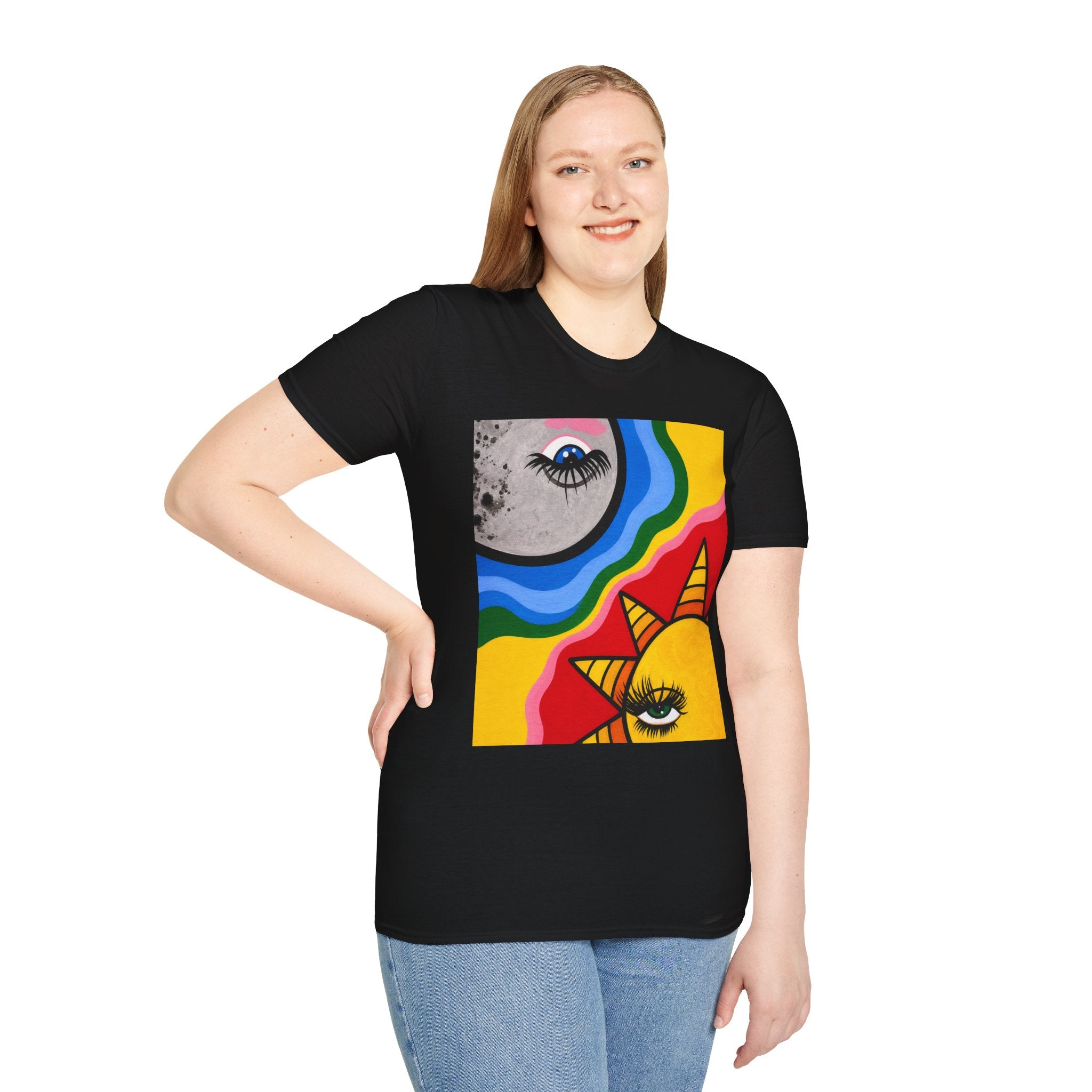 Sun & Moon Psychedelic T-Shirt — Retro Rainbow Cosmic Graphic Tee