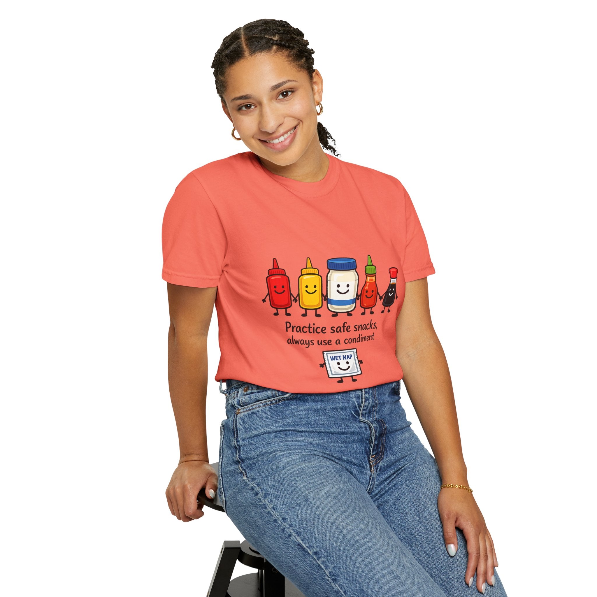 Condom Cartoon T-Shirt — "Practice Safe Snacks" Funny Safe Sex Graphic Tee