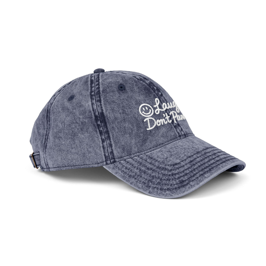 Vintage Red Embroidered Cap – “Laugh Don’t Panic” Smiley Dad Hat