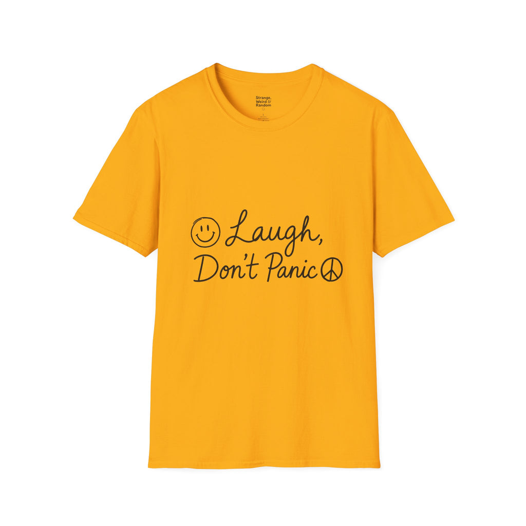 Laugh Don't Panic T-Shirt | Smiley Peace Sign Typography