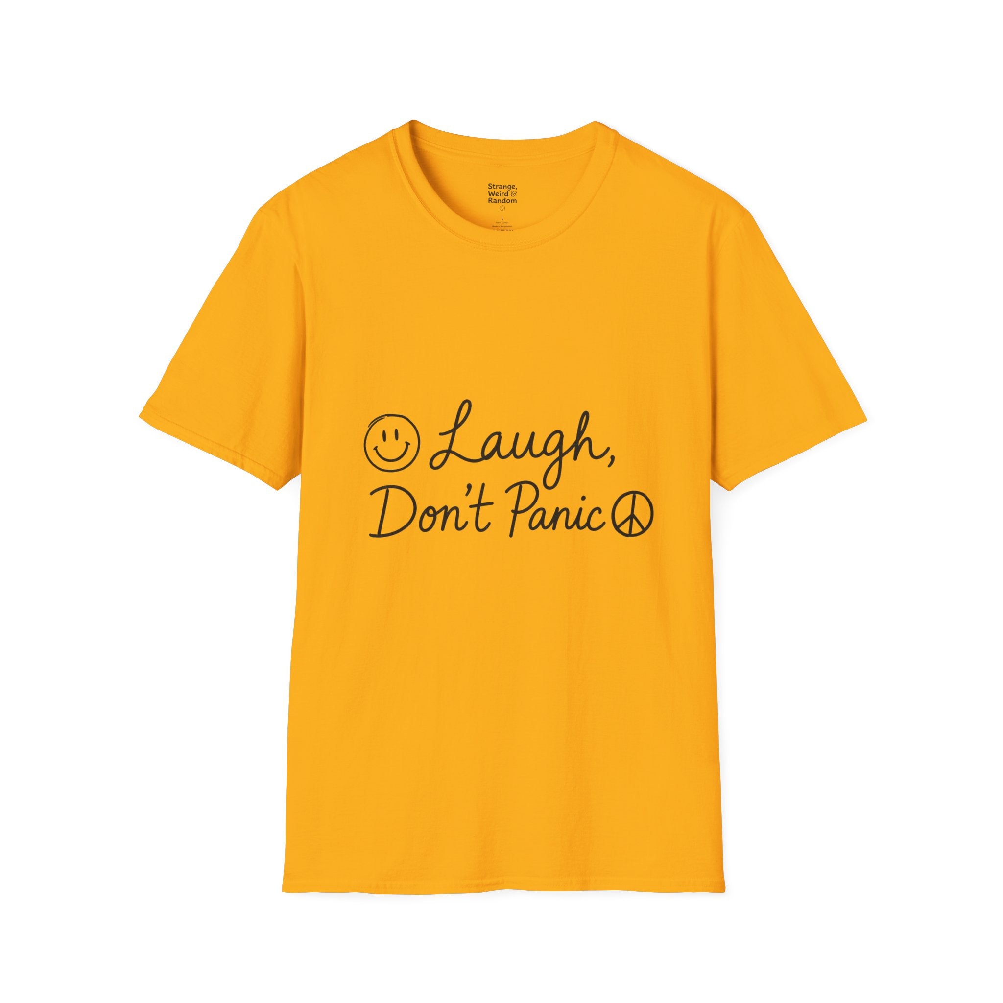 Laugh Don't Panic T-Shirt | Smiley Peace Sign Typography