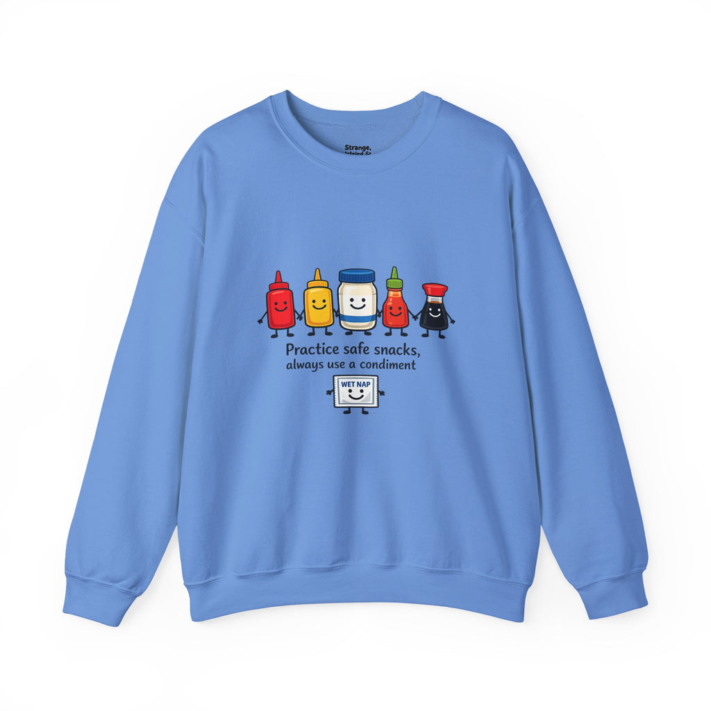 Condiment Cartoon 'Practice Safe Snacks' Sweatshirt | Ketchup Mustard Mayo Funny Food Design