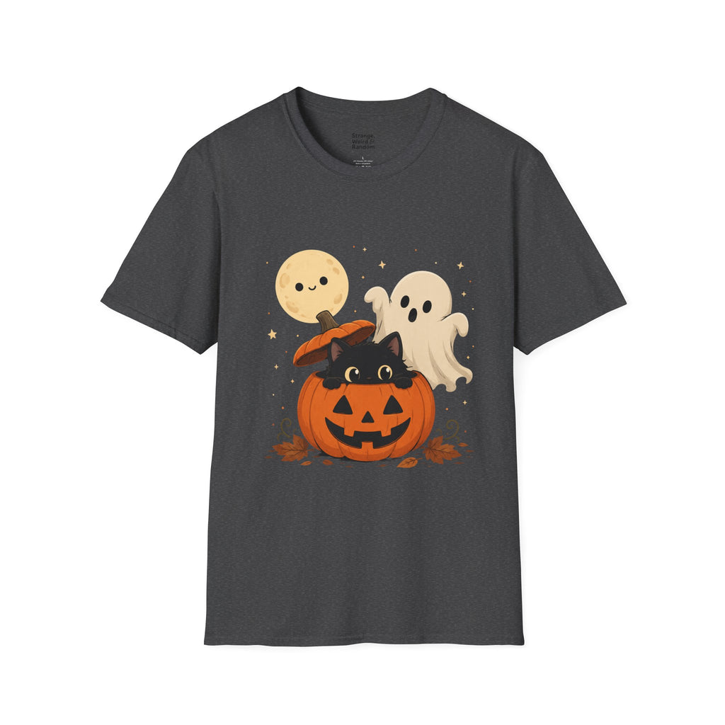 Cute Halloween Pumpkin Tee — Ghost, Moon & Black Cat Graphic T-Shirt