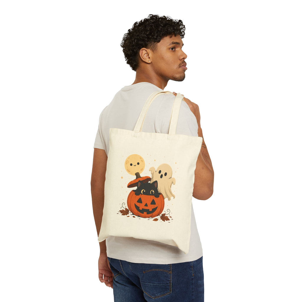 Reusable Double Sided Trick-or-Treat Bag Halloween Cotton Canvas Tote — Cute Pumpkin with Black Cat & Ghosts, Trick or Treat