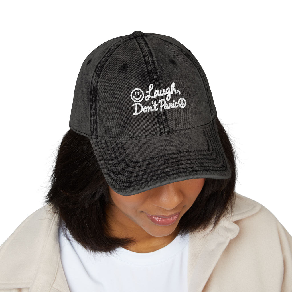 Vintage Red Embroidered Cap – “Laugh Don’t Panic” Smiley Dad Hat