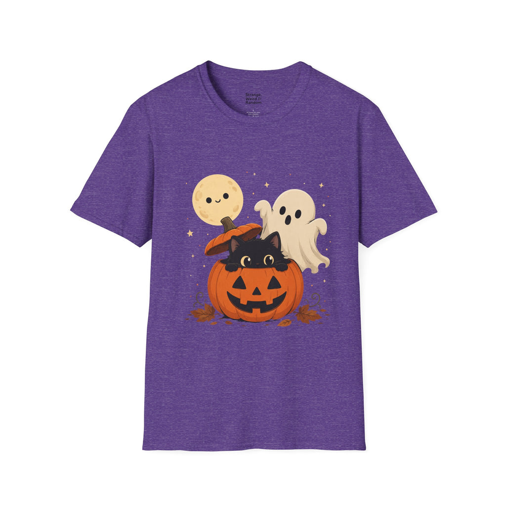 Cute Halloween Pumpkin Tee — Ghost, Moon & Black Cat Graphic T-Shirt