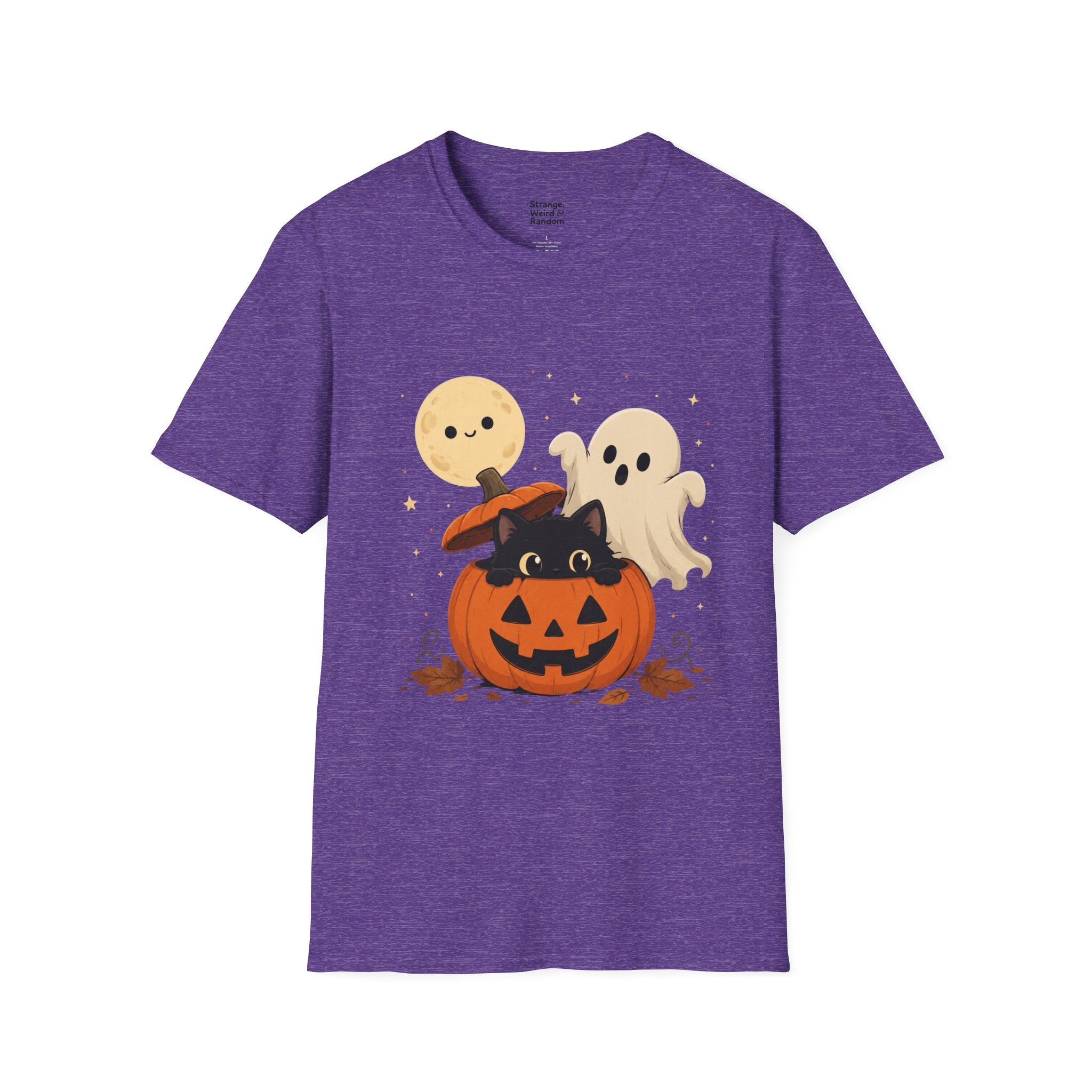 Cute Halloween Pumpkin Tee — Ghost, Moon & Black Cat Graphic T-Shirt