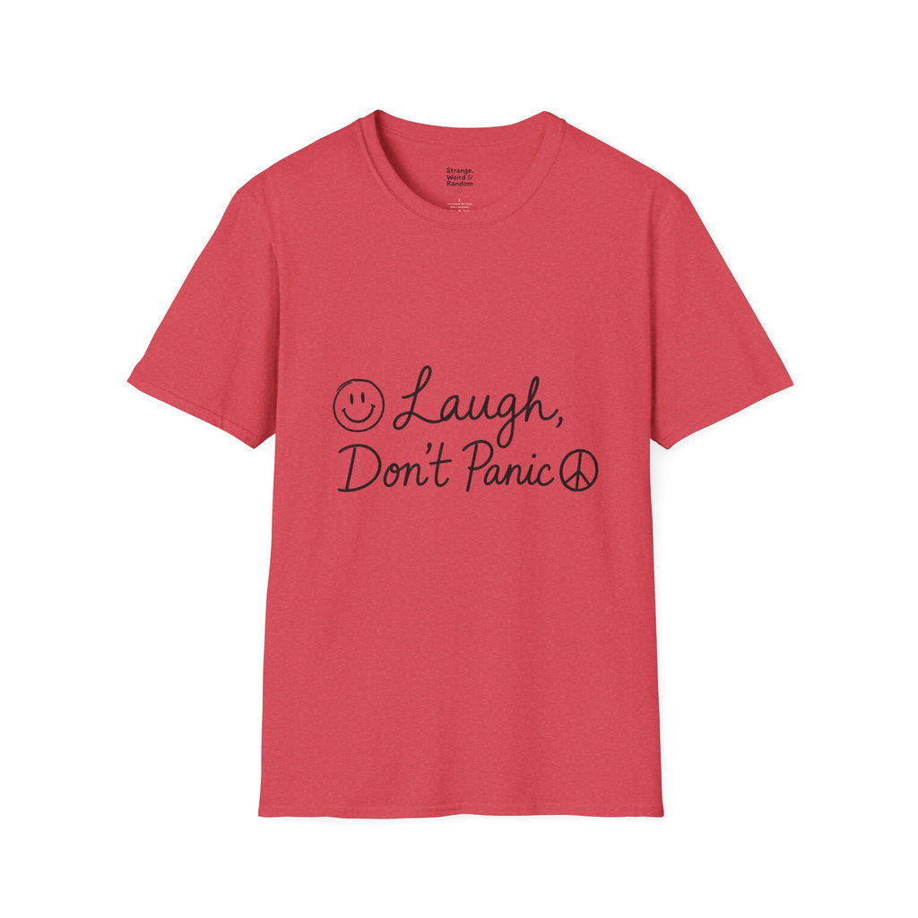 Laugh Don't Panic T-Shirt | Smiley Peace Sign Typography